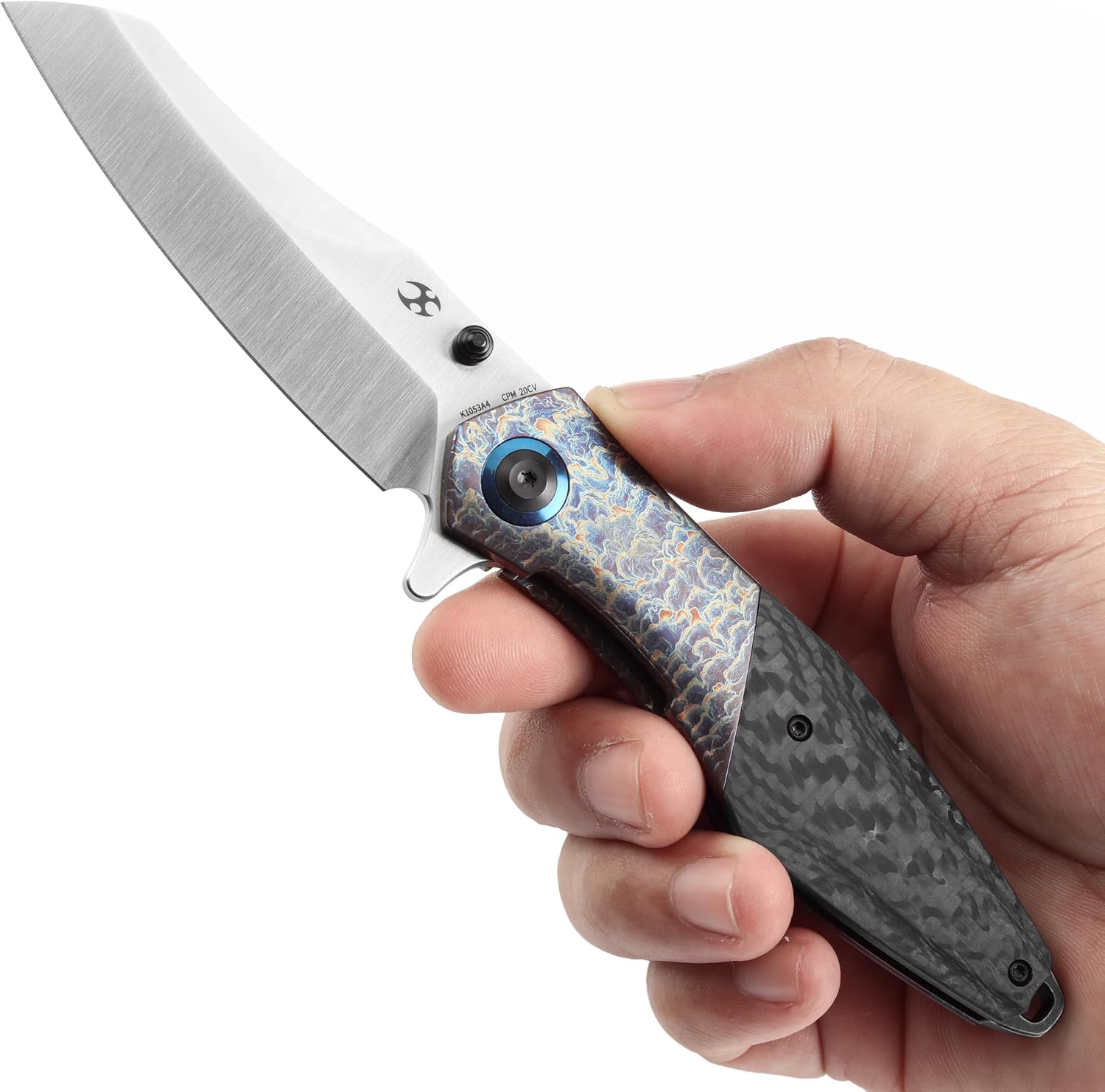KANSEPT Mistaken Folding Knives for Men EDC Camping Hiking Folding Knife for Men Women 3.58''CPM 20CV Blade with Lightning Strike Finish Titanium Twill Carbon Fiber Timascus Clip Handle EDC K1053A4