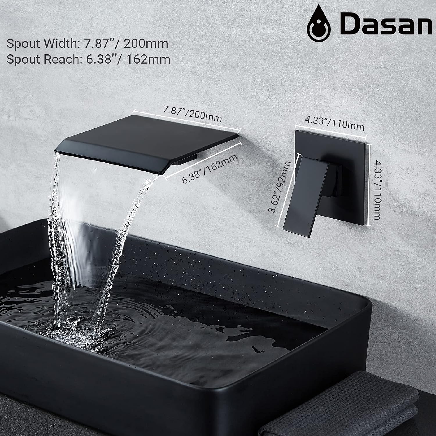 DASAN Wall Mount Waterfall Bathroom Faucet Matte Black in Wall Sink Faucet, Single Handle Wall Mounted Modern Faucet for Bathroom with Upgraded Rough in Valve
