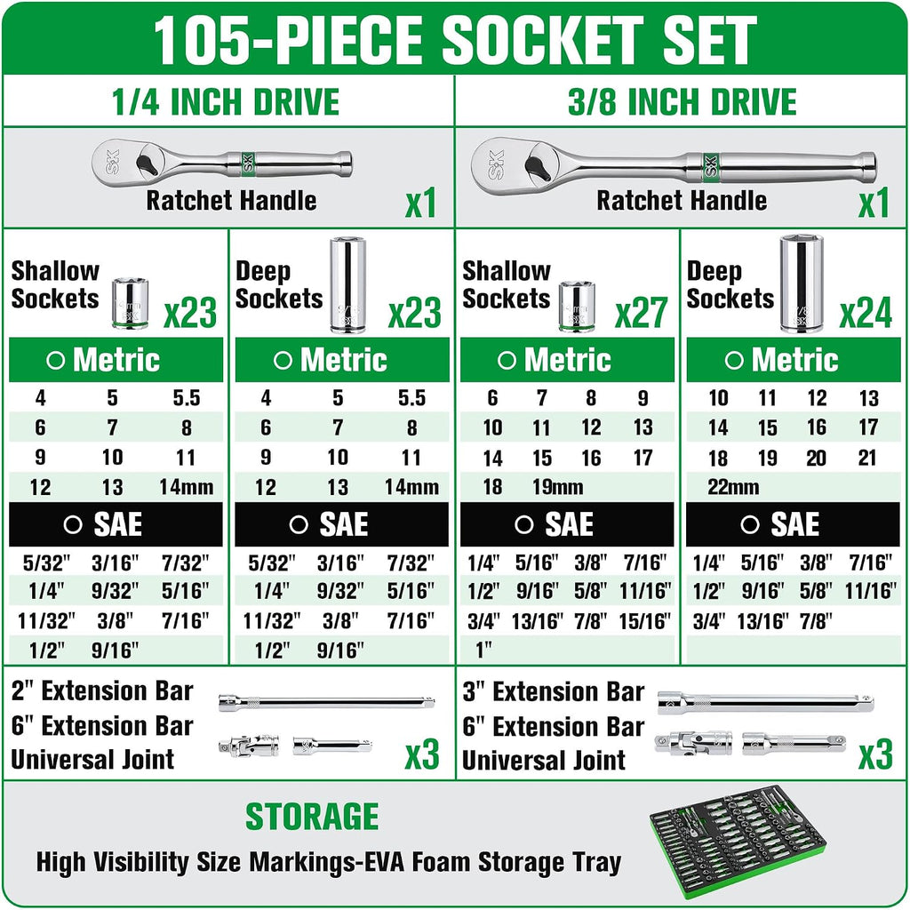 SK 1/4' & 3/8' Drive Socket Set with 90-Tooth Ratchet, 105-Piece, SAE & Metric, SuperKrome Finish, Premium CR-V Construction, with EVA Foam Tool Organizer
