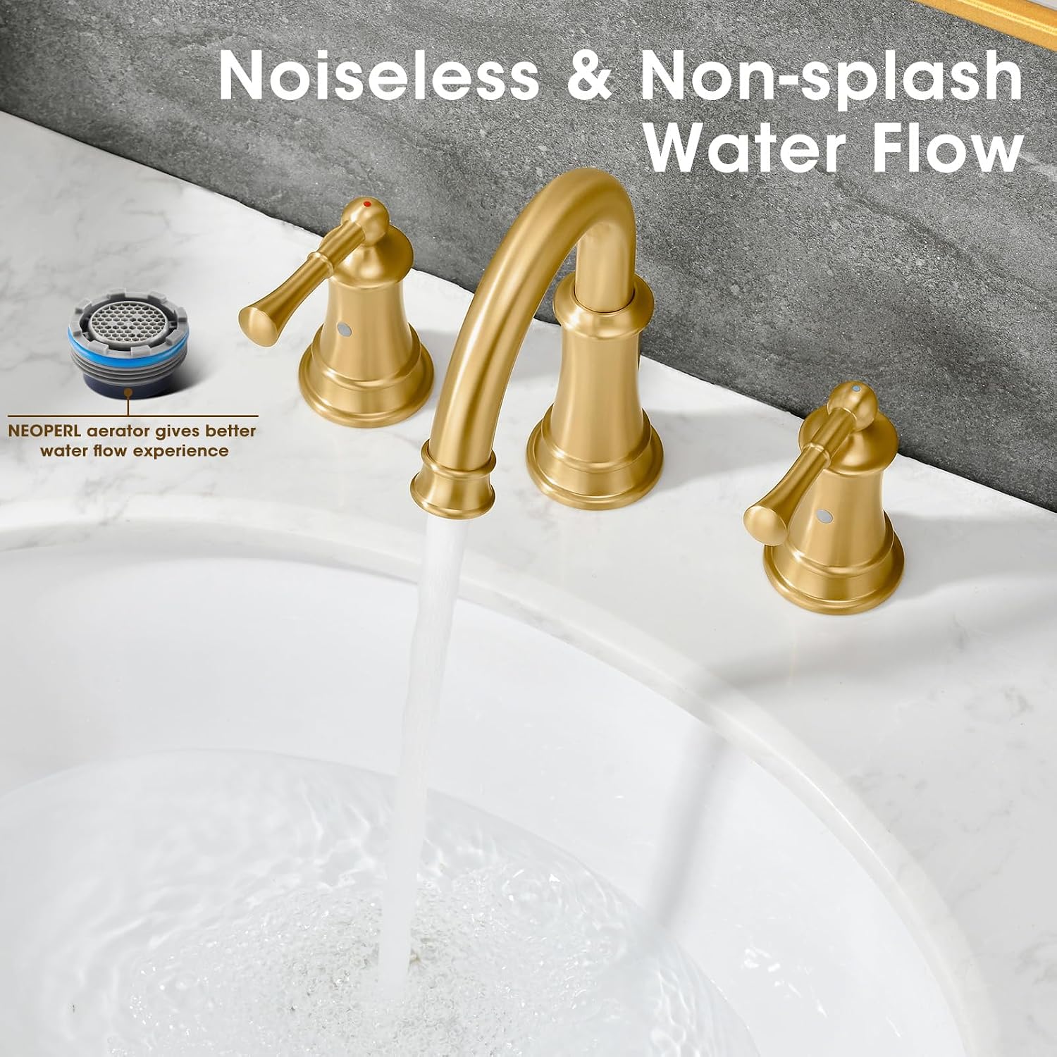 Brushed Gold Bathroom Faucet 8 Inch, Brass Bathroom Faucet, 3 Hole Gold Bathroom Faucet with Pop-Up Drain and 2 Supply Hoses for Vanity, Lavatory, RV Farmhouse (L2304-BG)