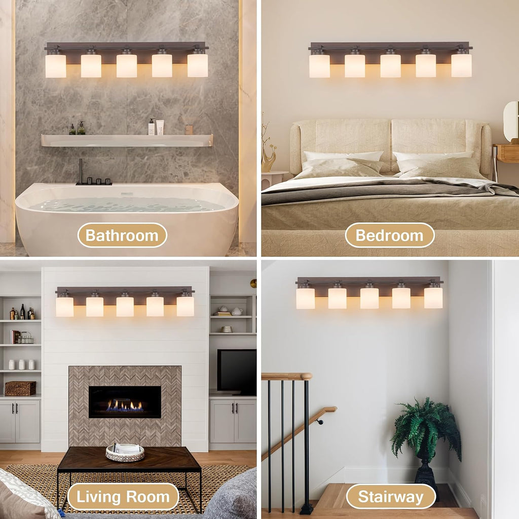 Modern Bathroom Light Fixtures Over Mirror, Vanity Lights for Bathroom Wall Sconces with Milky White Glass Shades, E26 Socket (Bulbs Not Included), 5 Light, Oil Rubbed Bronze