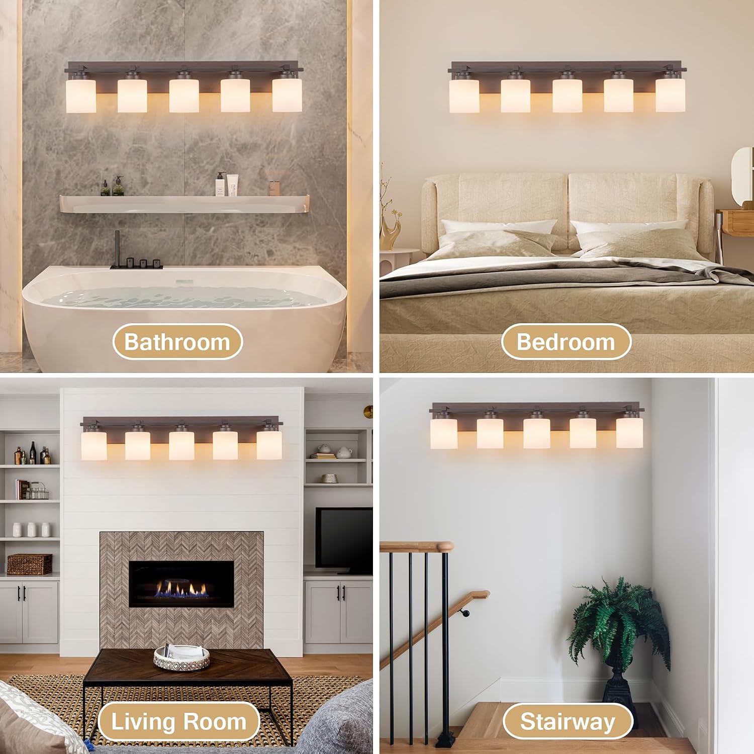 Modern Bathroom Light Fixtures Over Mirror, Vanity Lights for Bathroom Wall Sconces with Milky White Glass Shades, E26 Socket (Bulbs Not Included), 5 Light, Oil Rubbed Bronze
