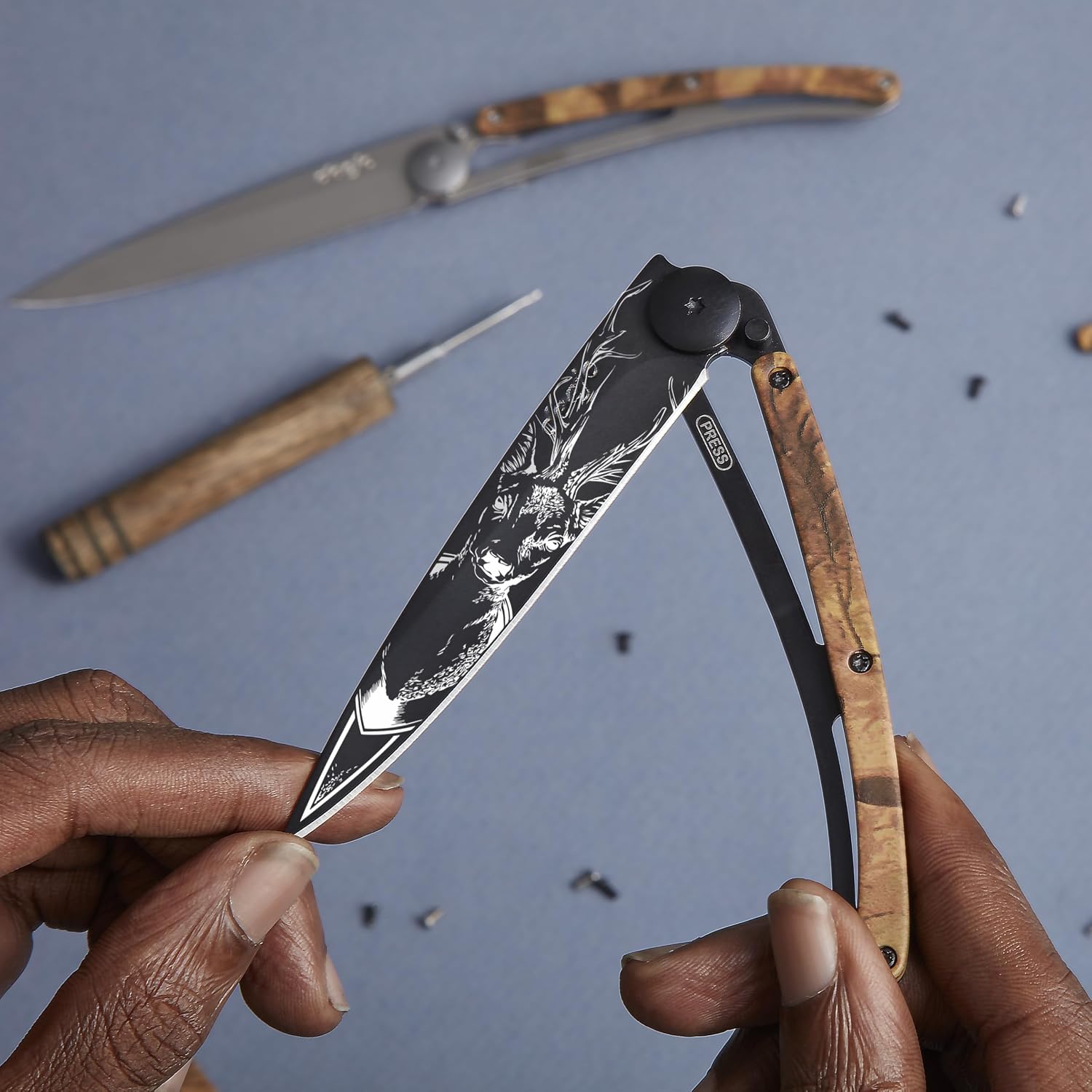 deejo - 37G Folding Pocket Knife with Belt Clip - Deer Design, 3.7-Inch Stainless Steel Blade, Brown Camo Handle - Lightweight Everyday Carry for Home, Work, and Outdoor Use