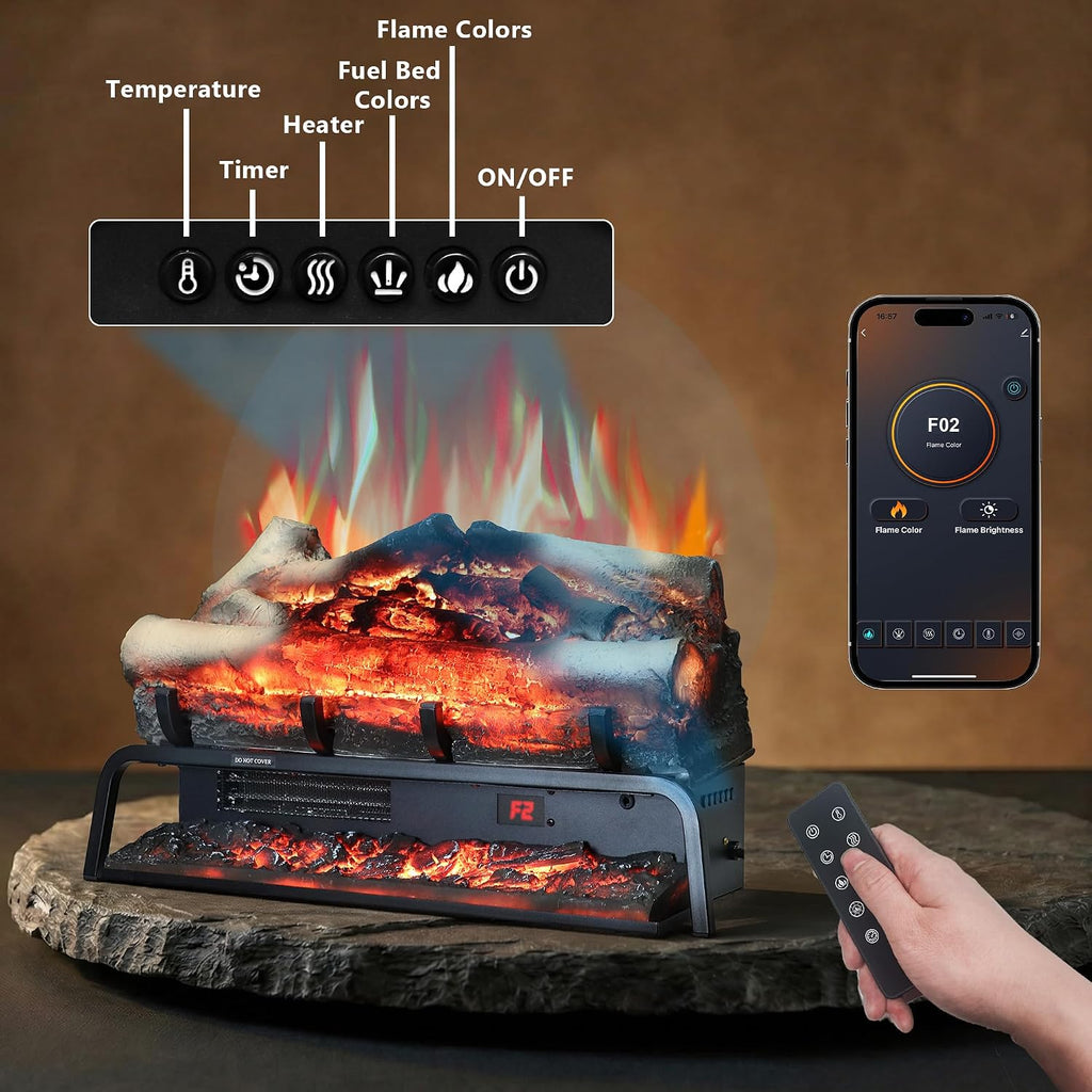 25' Electric Fireplace Log Heater, Freestanding Electric Fireplace Insert Log Set with Remote & App Control, Adjustable Flame Color& Dimer& Speed,Thermostat& Timer,750W/1500W, Black