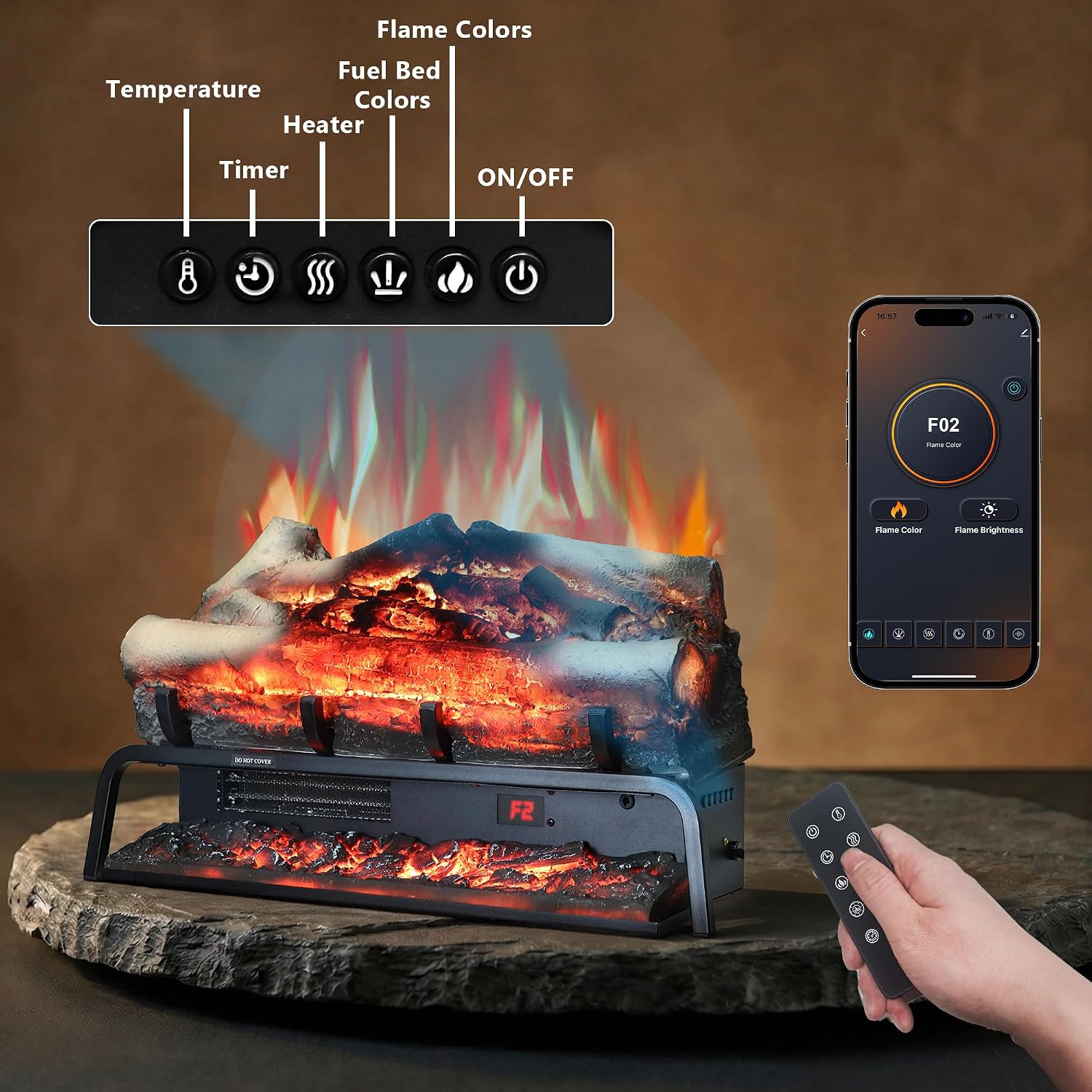 25' Electric Fireplace Log Heater, Freestanding Electric Fireplace Insert Log Set with Remote & App Control, Adjustable Flame Color& Dimer& Speed,Thermostat& Timer,750W/1500W, Black