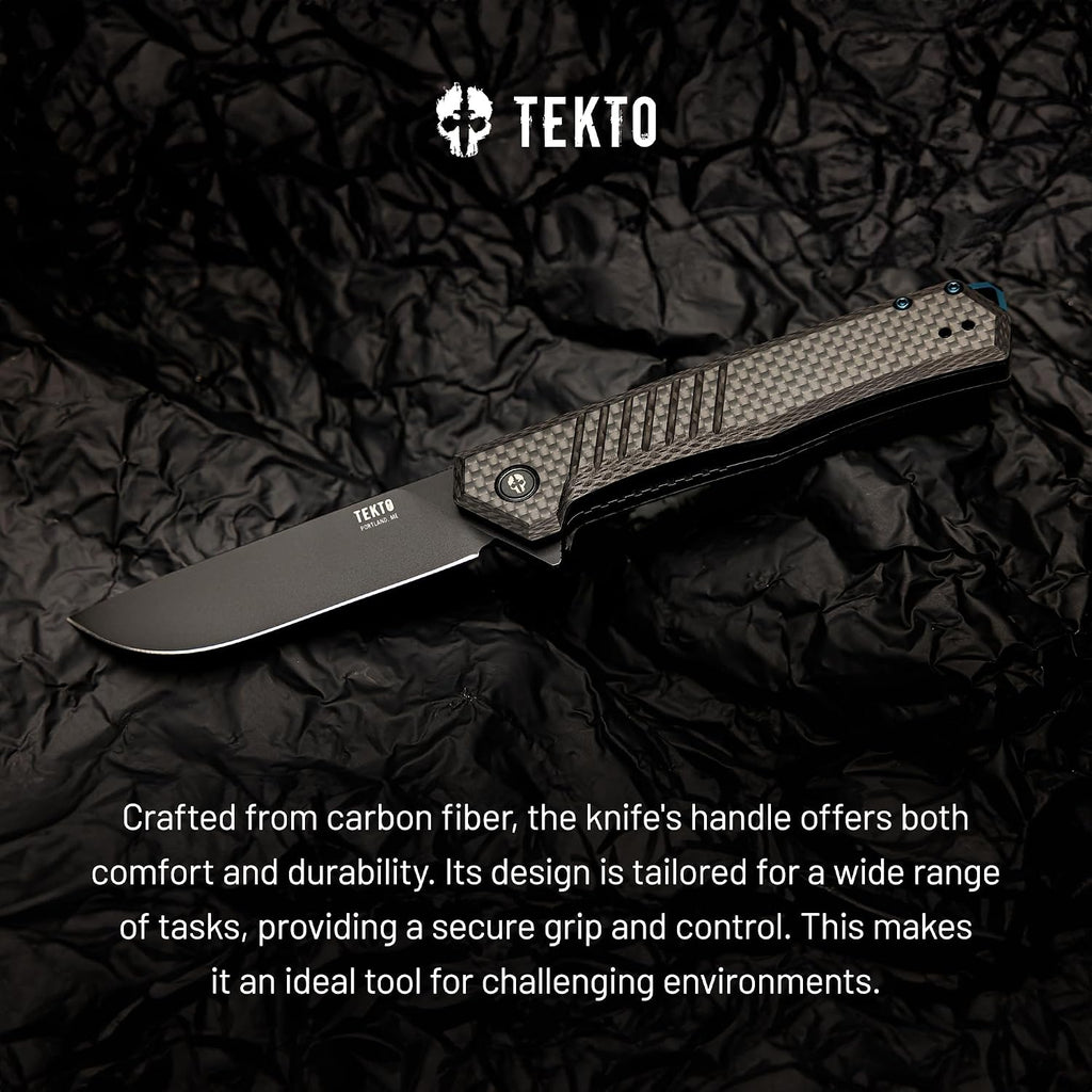 TEKTO F1 Alpha Folding Pocket Knife - Modified Straight Back Blade, Titanium Coated D2 Steel, Tactical Knife, EDC Folding Pocket Knives for Camping, Hunting & Backpacking - Carbon Fiber, Blue Accents