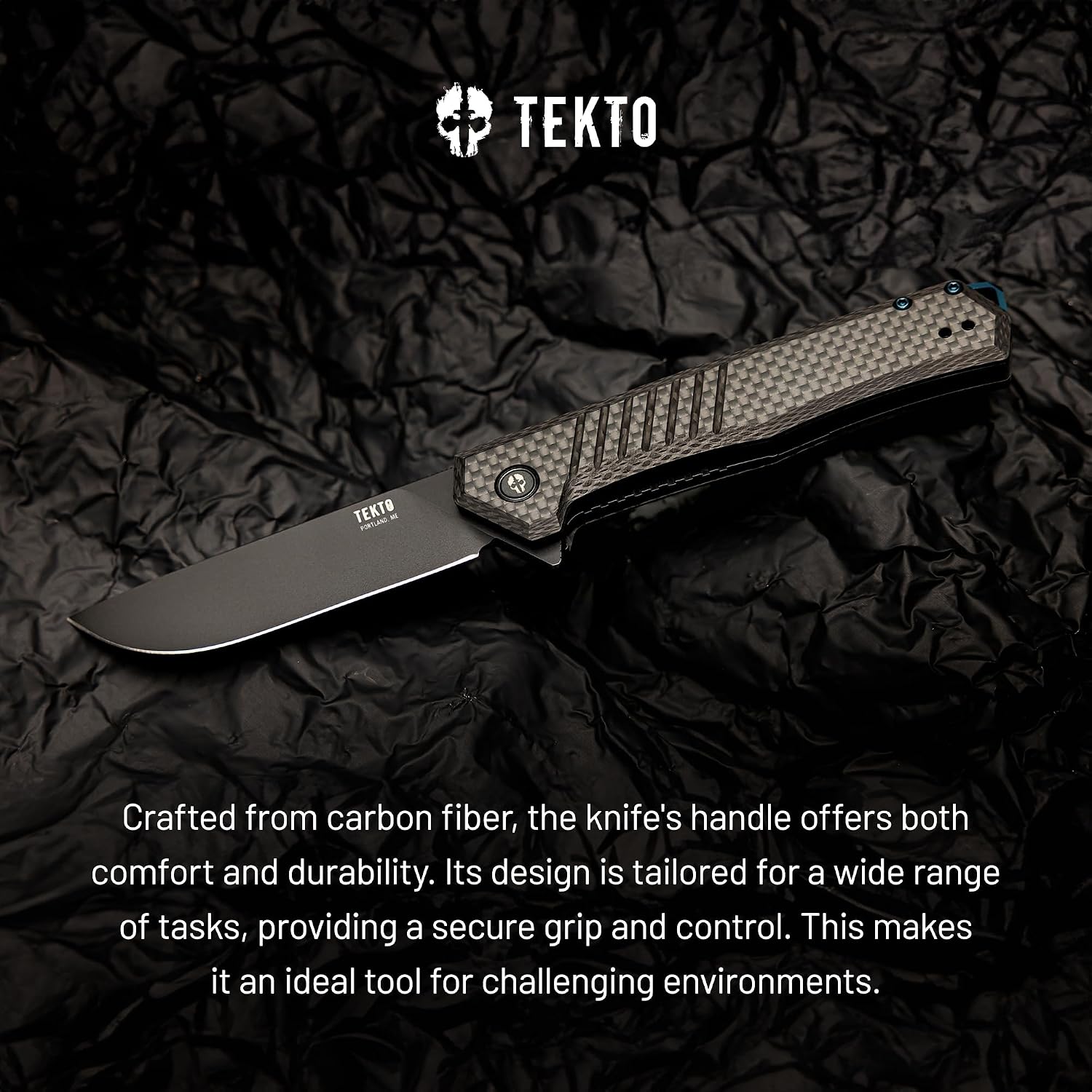 TEKTO F1 Alpha Folding Pocket Knife - Modified Straight Back Blade, Titanium Coated D2 Steel, Tactical Knife, EDC Folding Pocket Knives for Camping, Hunting & Backpacking - Carbon Fiber, Blue Accents