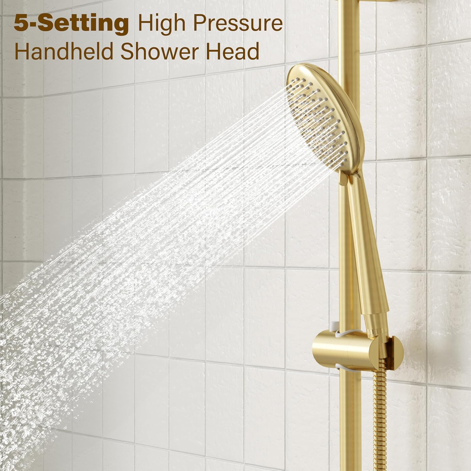 Gabrylly Shower System Gold, Slide Bar Shower Faucet Set with High Pressure 10' Rain Head and 5-Setting Handheld Spray, 2 Way Pressure Balance Valve with Trim Kit, Brushed Gold