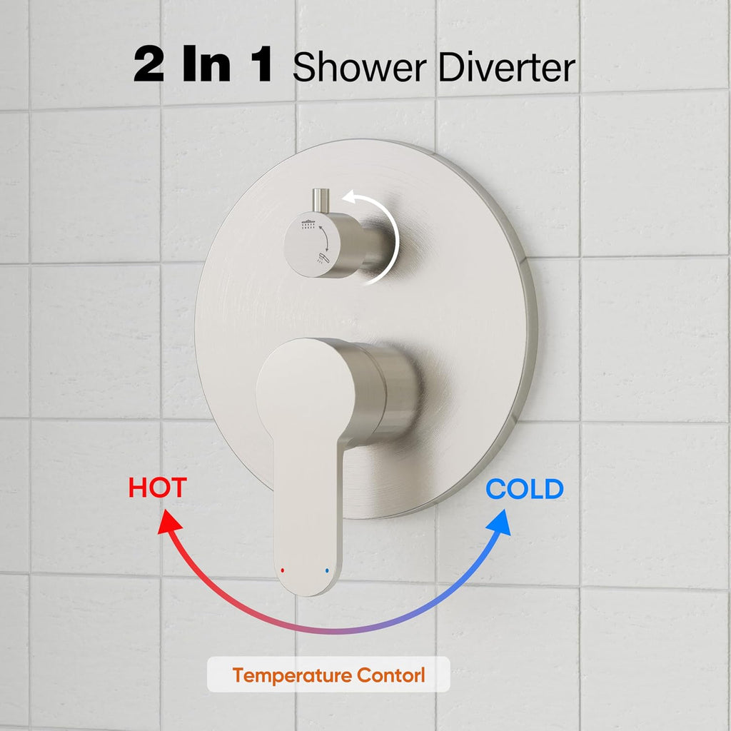 Gabrylly Shower System, Slide Bar Shower Faucet Set with High Pressure 10' Rain Shower Head and 5-Setting Handheld Spray, 2-Way Shower Valve Kit, Brushed Nickel