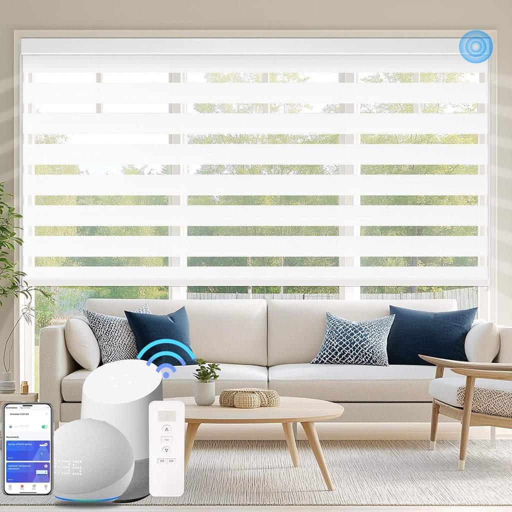 Motorized Zebra Blinds Custom Size Smart Dual Layer Shades for Windows with Remote | Assembled in USA | Electric Day and Night Privacy Light Filtering Rechargeable Quiet Motor Window Shades