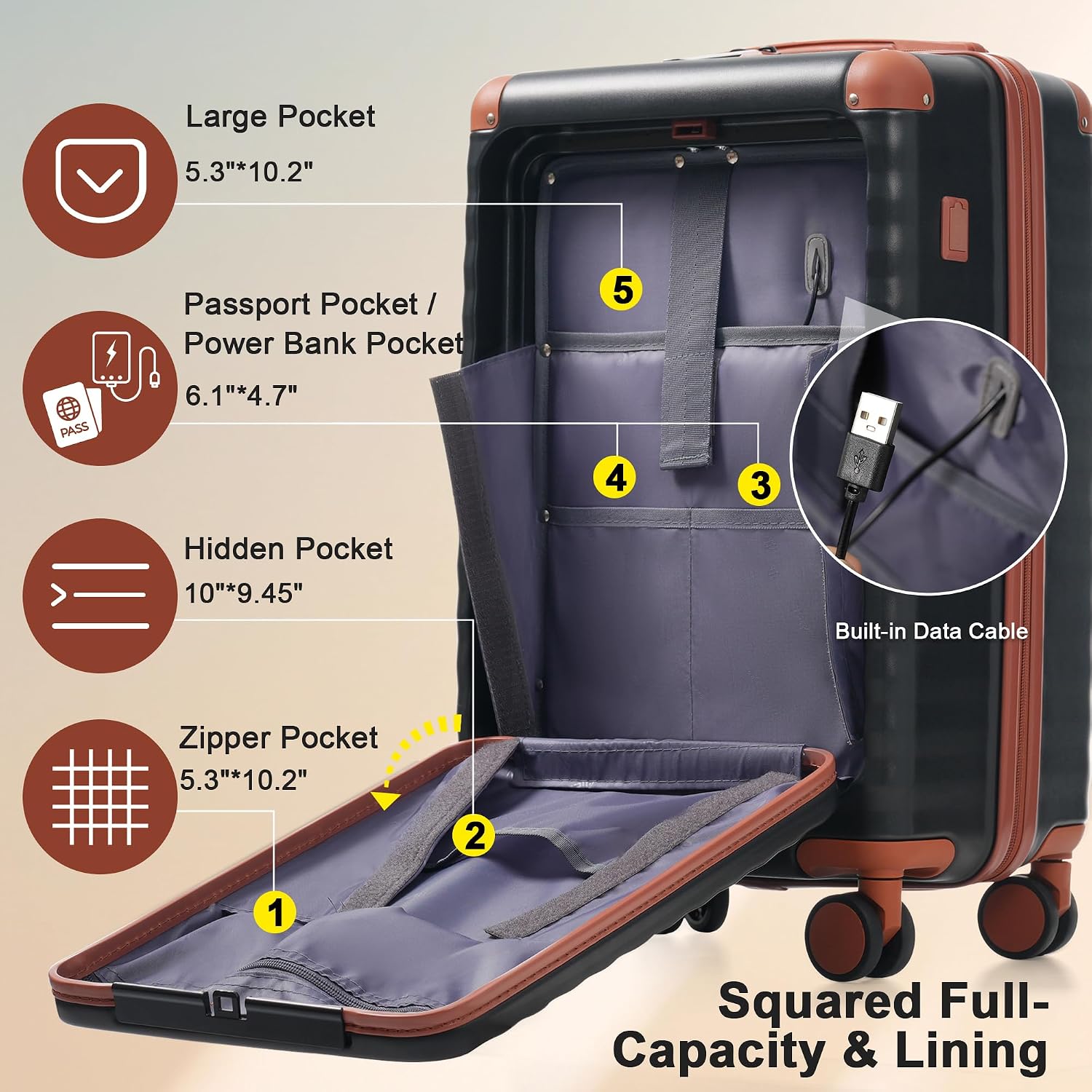 Merax Luggage Sets 3 Piece Front Opening, Hardside Lightweight Carry on Suitcase with Cup Holder USB Port,Durable Expandable Luggage with Bags Spinner Wheels and TSA Lock,Black and Brown