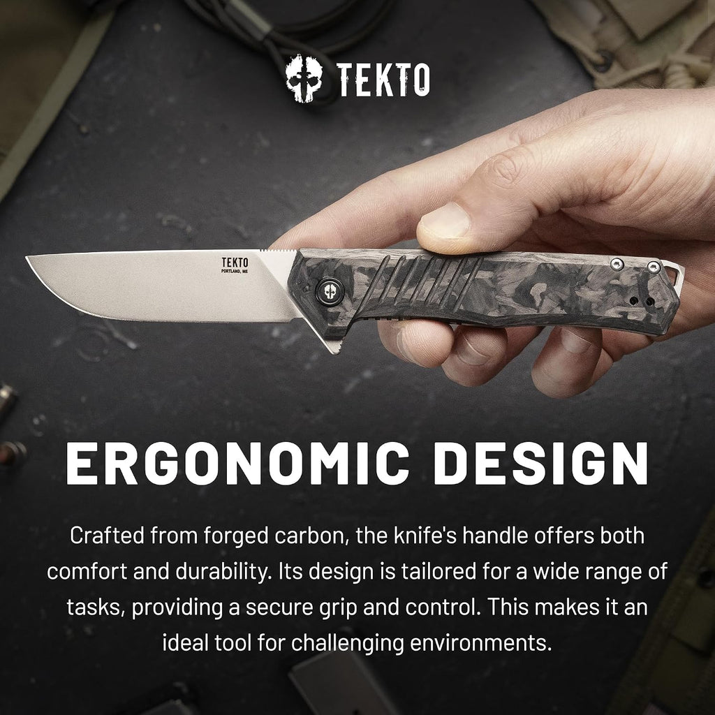 TEKTO F1 Alpha Folding Pocket Knife - Modified Straight Back Blade, Titanium Coated D2 Steel, Tactical Knife, EDC Folding Pocket Knives for Camping & Hunting - Forged Carbon, Silver Titanium Accents