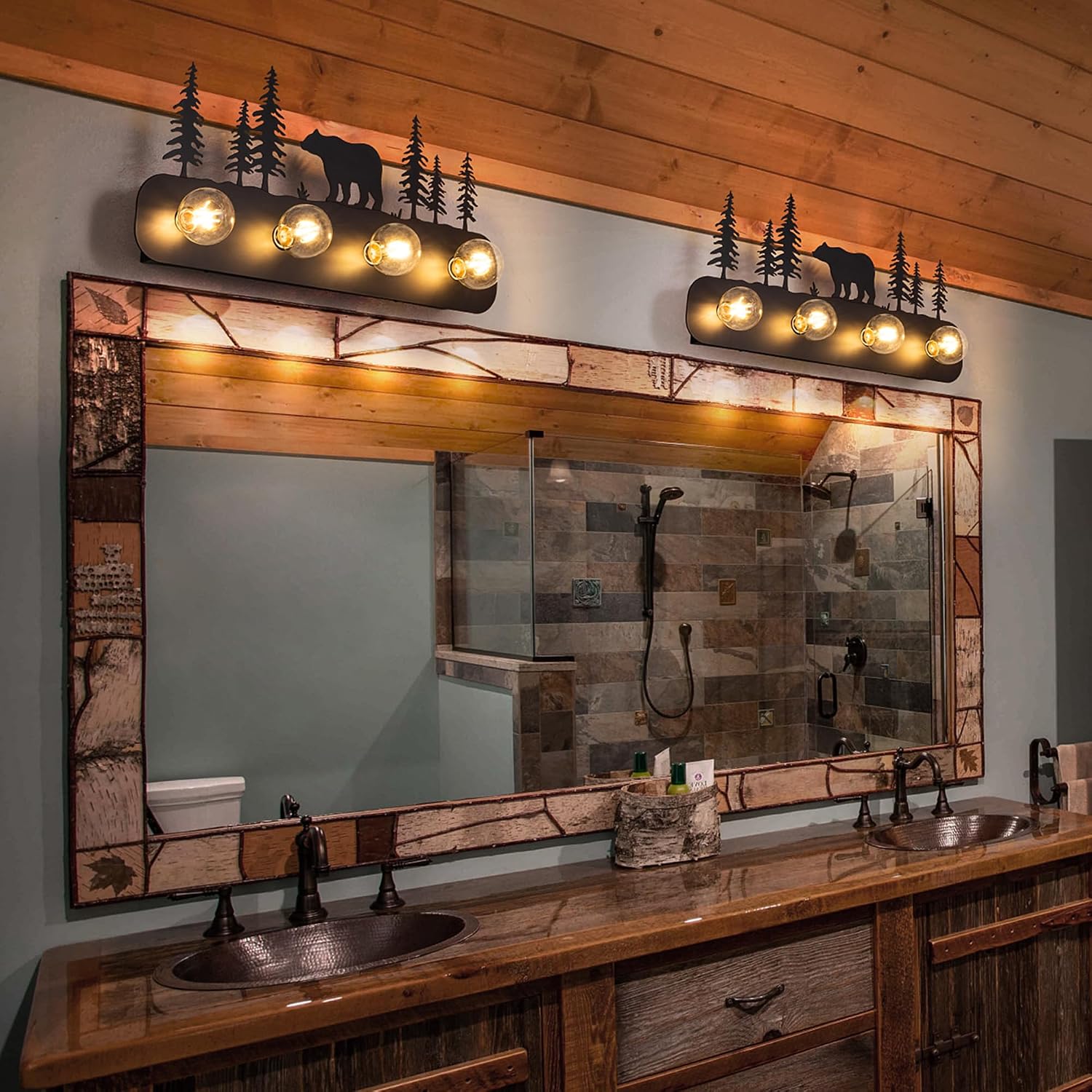 TOCHIC Rustic Bathroom Light Fixtures, 4 Lights Farmhouse Bathroom Vanity Light Over Mirror Dimmable, Western Bear Sconces Wall Lighting for Mirror Cabinets, Powder Room, Living Room, Black, 26'L