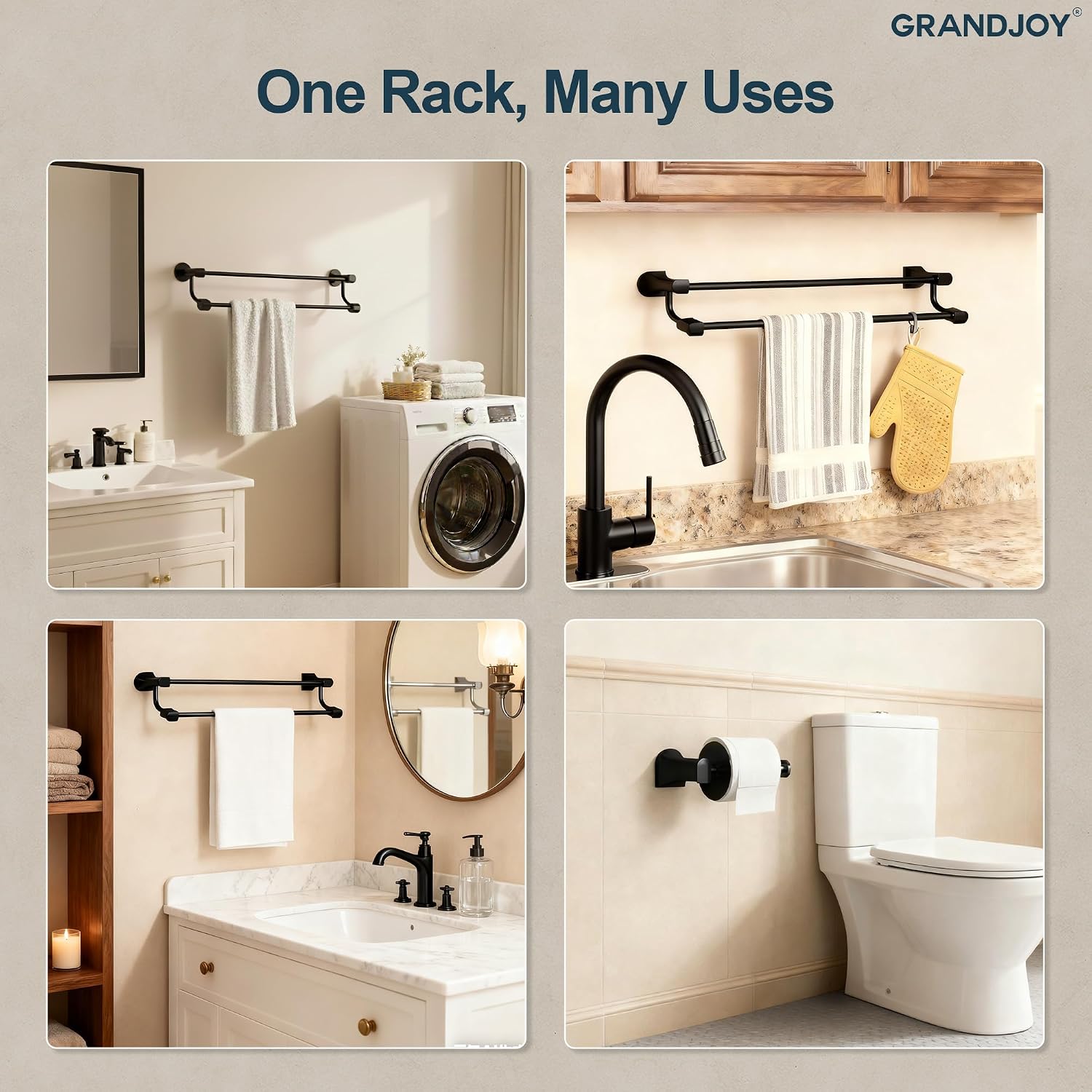 4-Piece Matte Black Bathroom Hardware Set, 304 Stainless Steel Rustproof Wall Mounted, 24 Inch Double Towel Rack, Towel Ring, Robe Hook, Toilet Paper Holder
