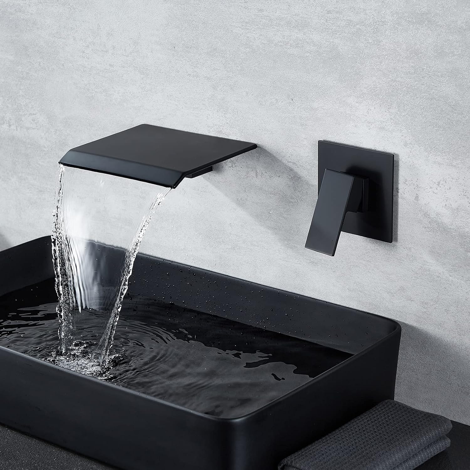 DASAN Wall Mount Waterfall Bathroom Faucet Matte Black in Wall Sink Faucet, Single Handle Wall Mounted Modern Faucet for Bathroom with Upgraded Rough in Valve