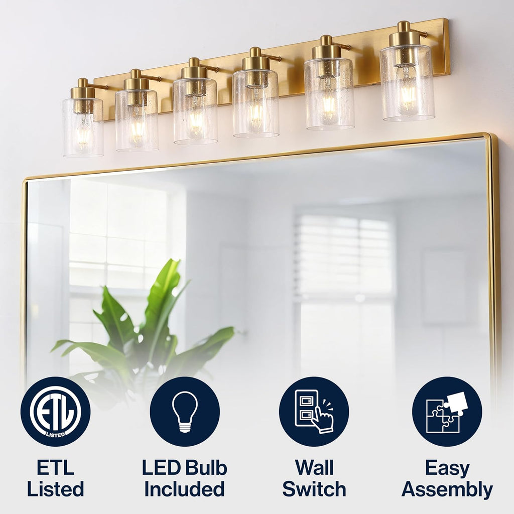JONATHAN Y 40' Brass Gold/Clear 6-Light Modern LED Vanity Light for Bathroom Mirror, Mid-Century Wall Sconce with Clear Seeded Glass Shades, Contemporary Iron Fixture, LED Bulbs (JYL7621D)
