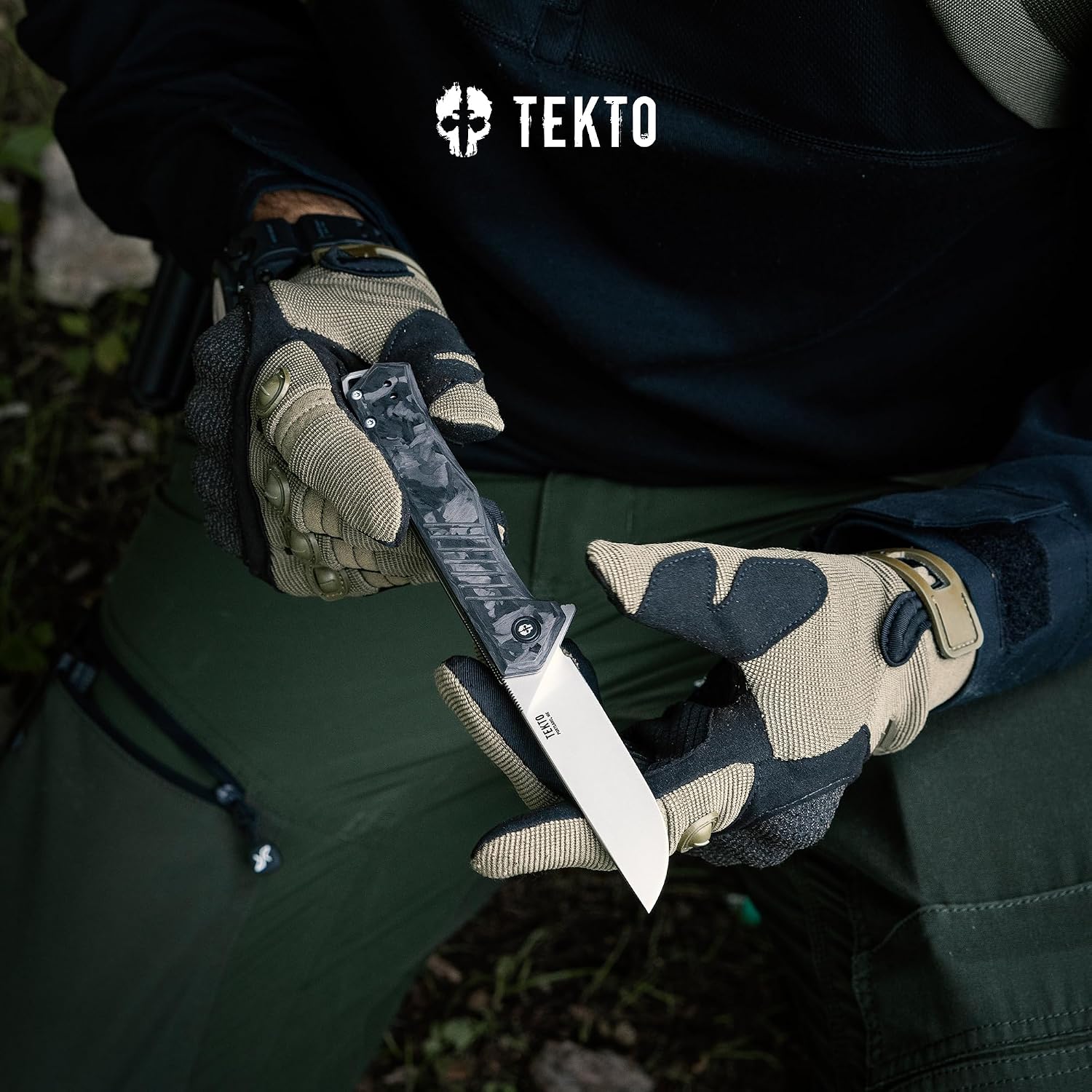 TEKTO F1 Alpha Folding Pocket Knife - Modified Straight Back Blade, Titanium Coated D2 Steel, Tactical Knife, EDC Folding Pocket Knives for Camping & Hunting - Forged Carbon, Silver Titanium Accents