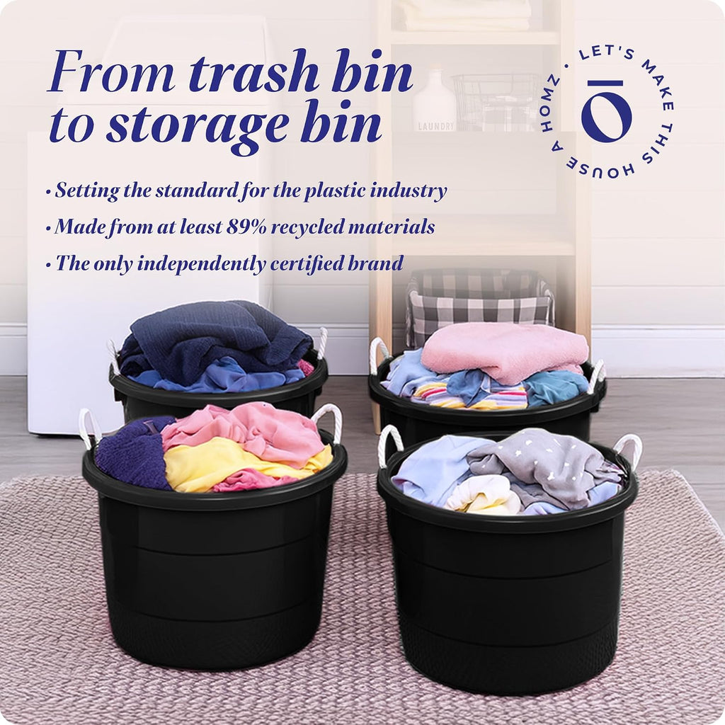 HOMZ 4-Pack Utility Tub, Large Plastic Storage Bucket with Rope Handles, 18 Gallon, Black - Portable Indoor and Outdoor Buckets for Kitchen, Laundry, Garden, Bathroom, and Garage Organization