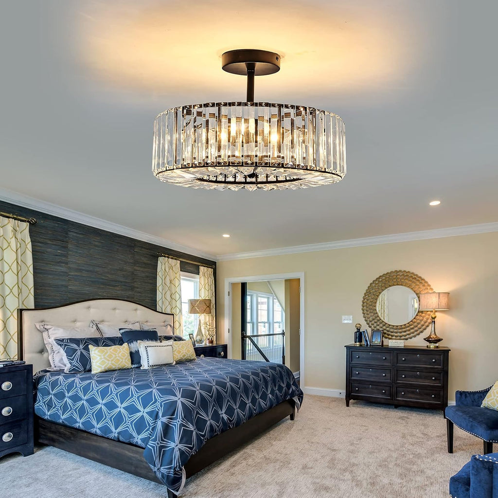 Piepooye 4 Lights Modern Crystal Chandelier Black Round Semi Flush Mount Ceiling Light Fixture Farmhouse Chandelier for Dinning Room Living Room Bedroom Hallway Entryway Kitchen