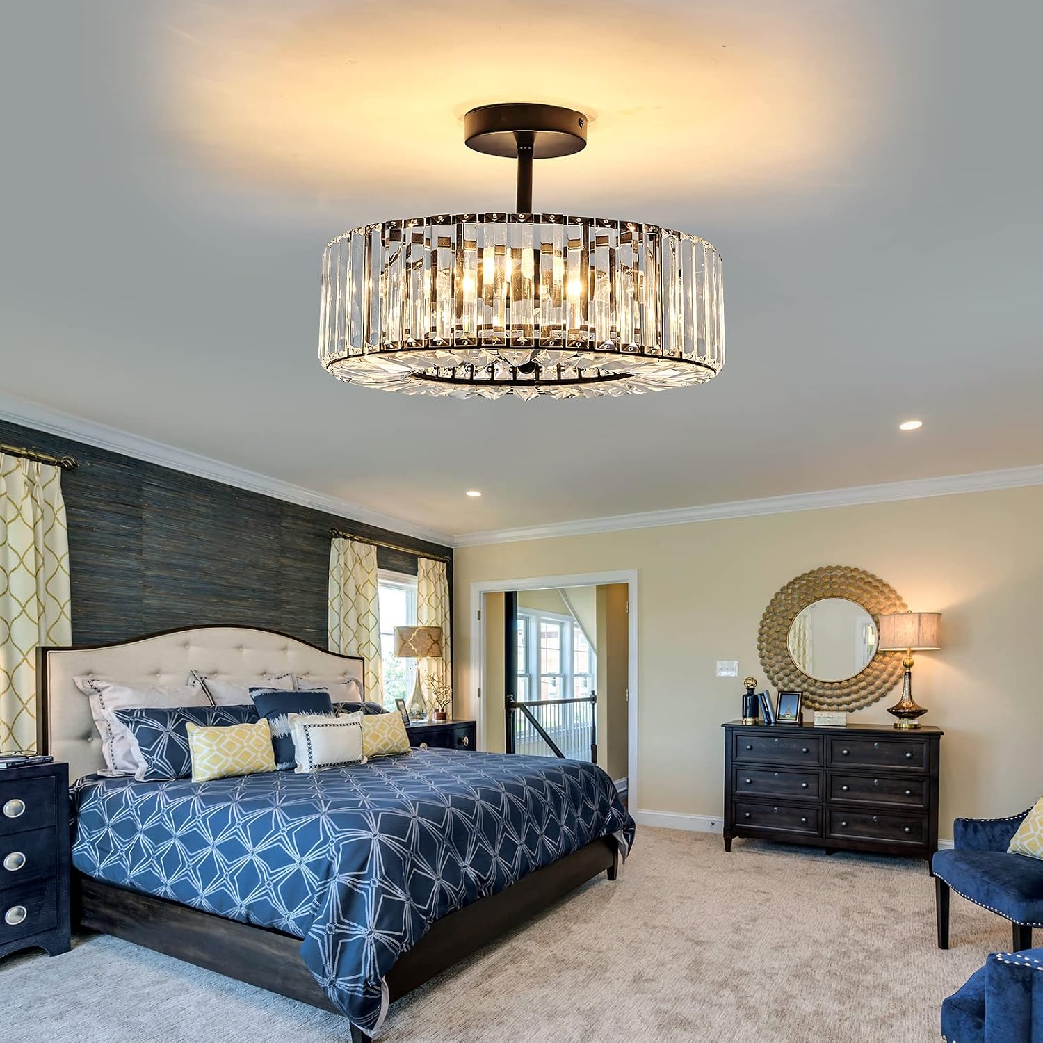 Piepooye 4 Lights Modern Crystal Chandelier Black Round Semi Flush Mount Ceiling Light Fixture Farmhouse Chandelier for Dinning Room Living Room Bedroom Hallway Entryway Kitchen