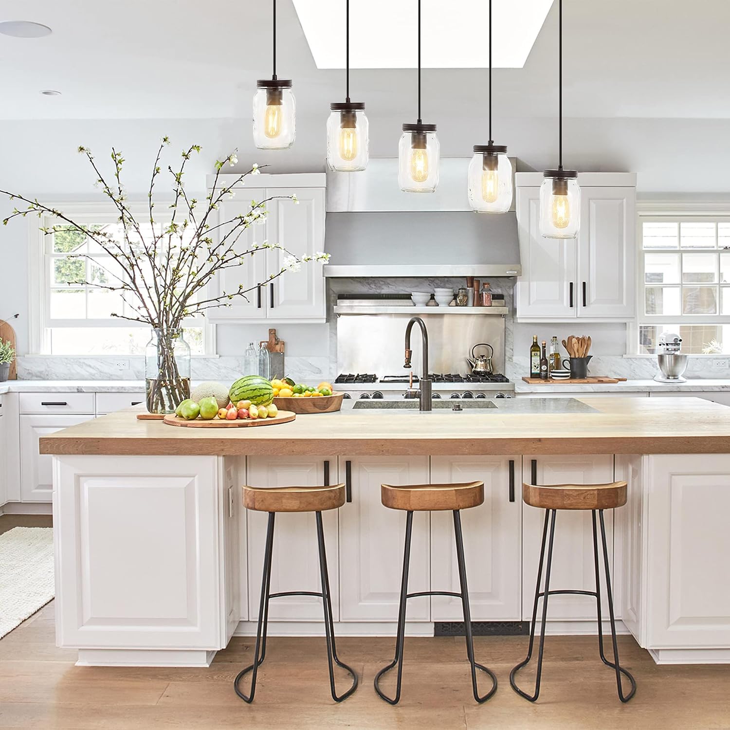 JONATHAN Y 33.25' Oil Rubbed Bronze/Clear Farmhouse Industrial Mini Pendant Lighting, Clear Glass Mason Jar Shade, Dimmable Hanging Ceiling Fixture for Kitchen Island Sink, LED Bulb Included JYL7803A