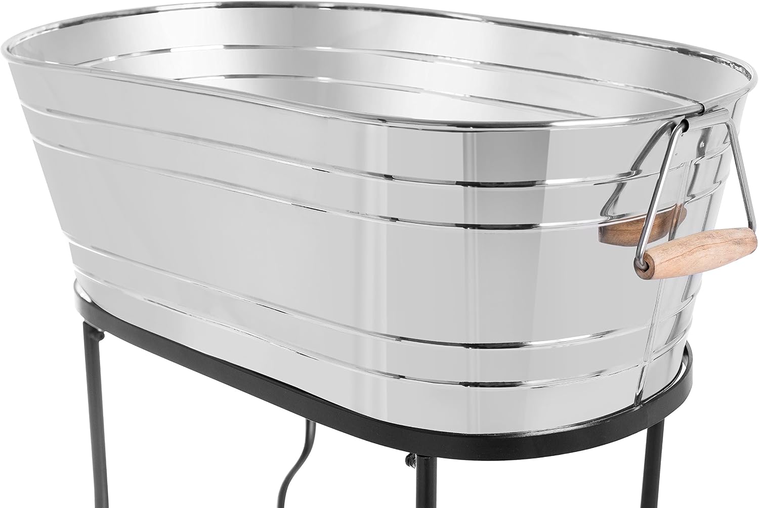 BirdRock Home Stainless Steel Beverage Tub with Stand - Oval - Bottom Tray - Party Drink Holder - Wooden Handles - Outdoor or Indoor Use - Free Standing