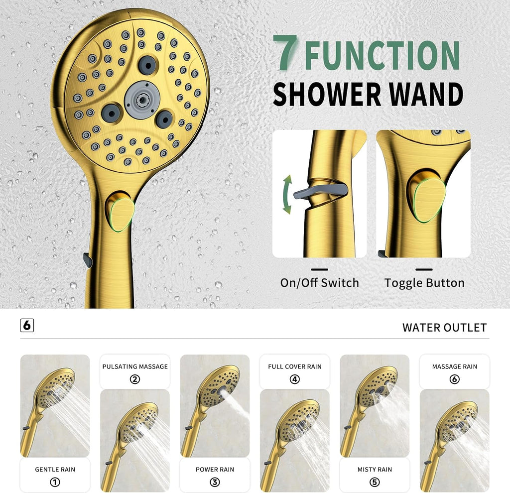Suncleanse Gold Shower Faucet Sets - 8.5' Rain Shower Head Combo with 7-Setting handheld Spray Complete Shower System - Rainfall Shower Fixtures with Rough-in Valve and Trim Kit for Luxury Bathroom