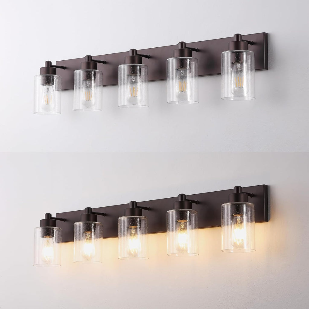 JONATHAN Y 36' Oil Rubbed Bronze/Clear 5-Light Modern LED Vanity Light for Bathroom Mirror, Mid-Century Wall Sconce with Clear Seeded Glass Shades, Contemporary Iron Fixture, LED Bulbs (JYL7620E)