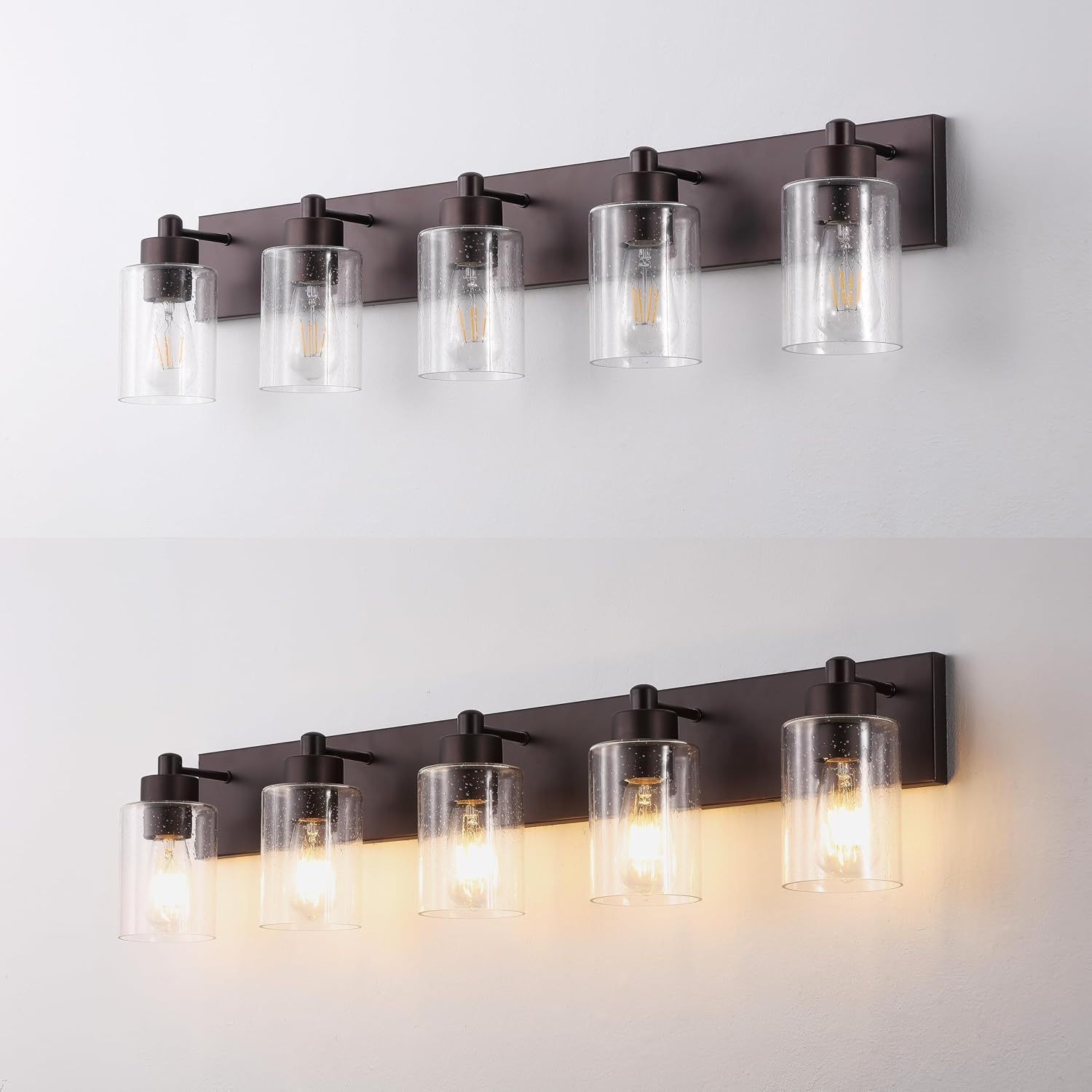 JONATHAN Y 36' Oil Rubbed Bronze/Clear 5-Light Modern LED Vanity Light for Bathroom Mirror, Mid-Century Wall Sconce with Clear Seeded Glass Shades, Contemporary Iron Fixture, LED Bulbs (JYL7620E)