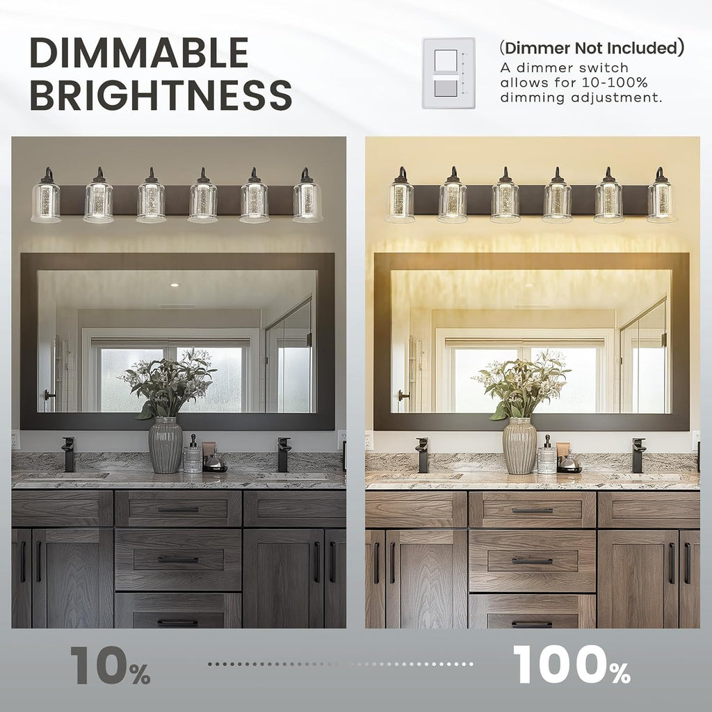 zeyu 40W 6 Light Bathroom Light Fixtures, 44 Inch LED Vanity Wall Light with 5 Color Modes, Oil Rubbed Bronze Finish with Crystal Bubble and Clear Glass, ZSL72B-6W LED ORB