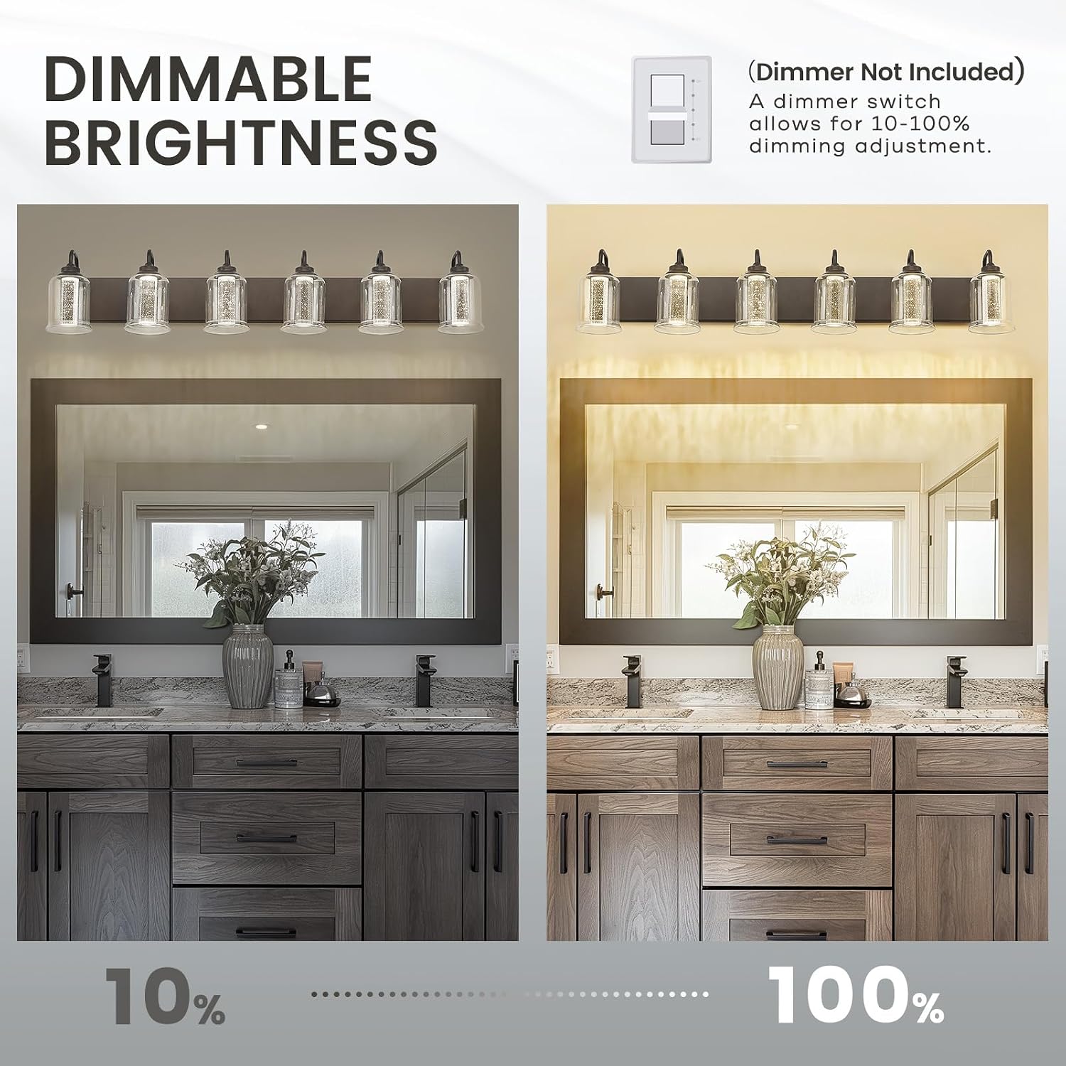 zeyu 40W 6 Light Bathroom Light Fixtures, 44 Inch LED Vanity Wall Light with 5 Color Modes, Oil Rubbed Bronze Finish with Crystal Bubble and Clear Glass, ZSL72B-6W LED ORB