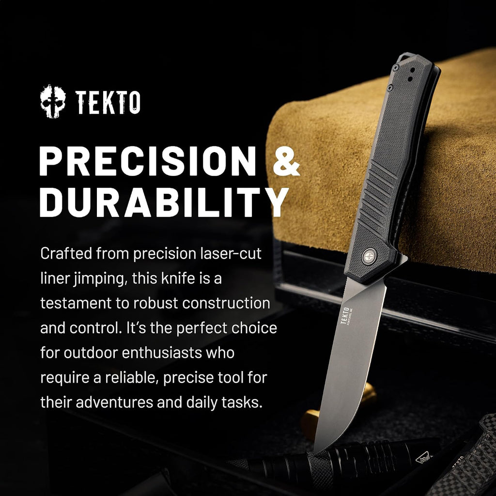 TEKTO F1 Alpha Folding Pocket Knife - Modified Straight Back Blade, Titanium Coated D2 Steel, Tactical Knife, EDC Folding Pocket Knives for Camping, Hunting & Backpacking - G10 Black, Black Accents