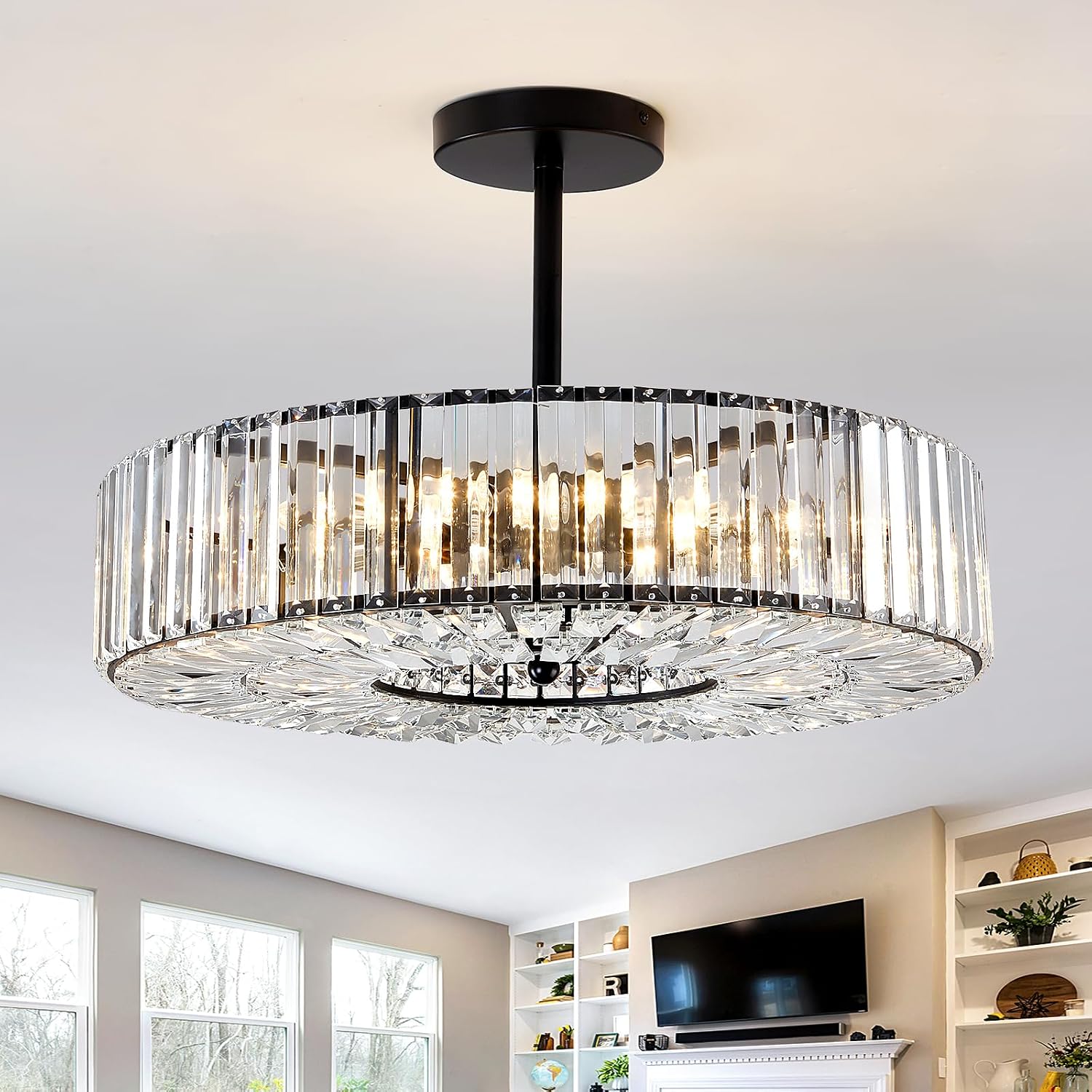 Piepooye 8 Lights Modern Large Crystal Chandelier Black Round Semi Flush Mount Ceiling Light Fixture Farmhouse Chandelier for Dinning Room Living Room Bedroom Hallway Entryway Kitchen