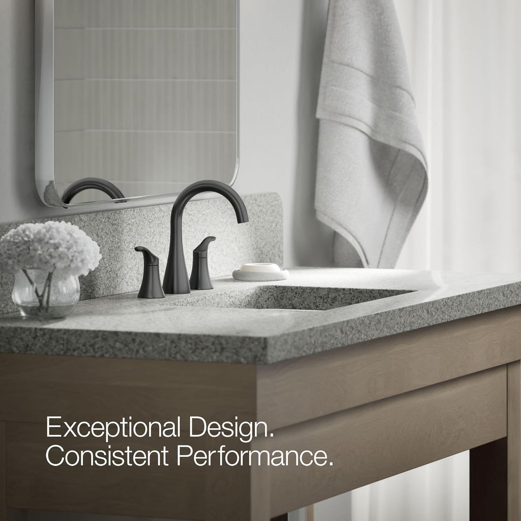 KOHLER K-27390-4-BL Simplice® Widespread Bathroom Sink Faucet, Bathroom Faucets with Two Lever Handles and Clicker Drain, 1.2 GPM, Matte Black