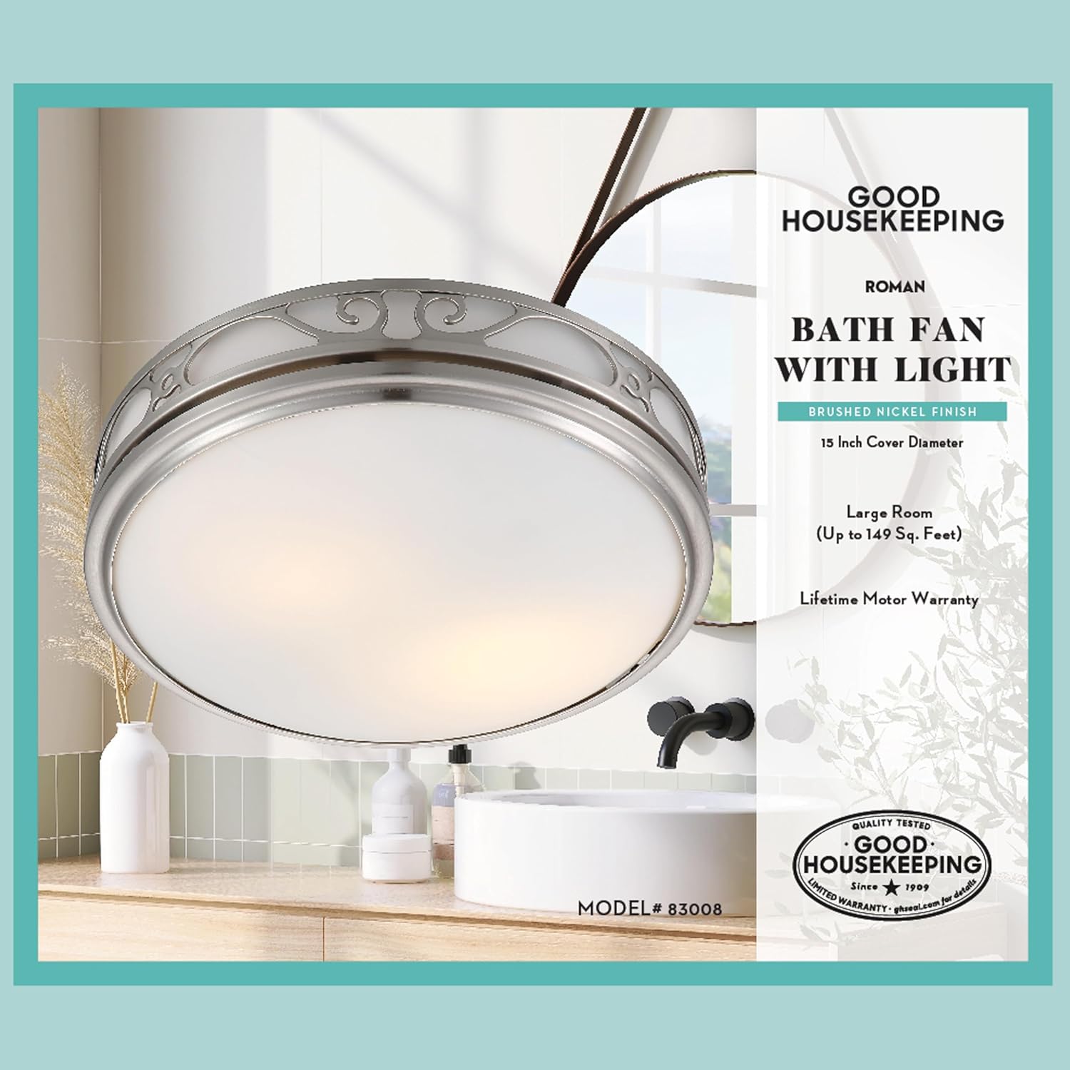 Good Housekeeping (83008) Roman Decorative 110 CFM 3.0 Sones Bathroom Ventilation Exhaust Fan with Light & Night-Light in Brushed Nickel