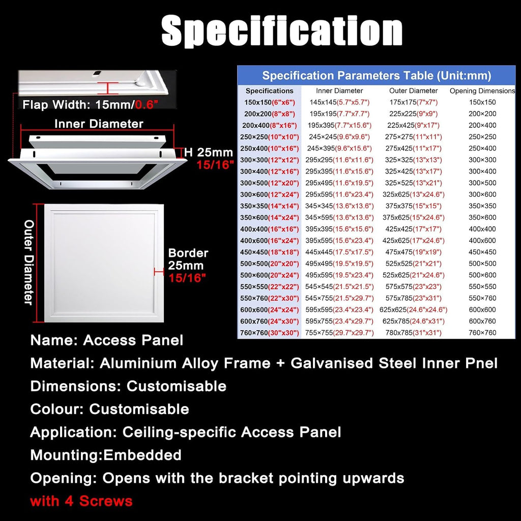 Black White Gray Metal Inspection Door, Classic Ceiling Access Panel with Screws, Customizable, Easy-to-Install Access Door(Black,12x24in/300x600mm)