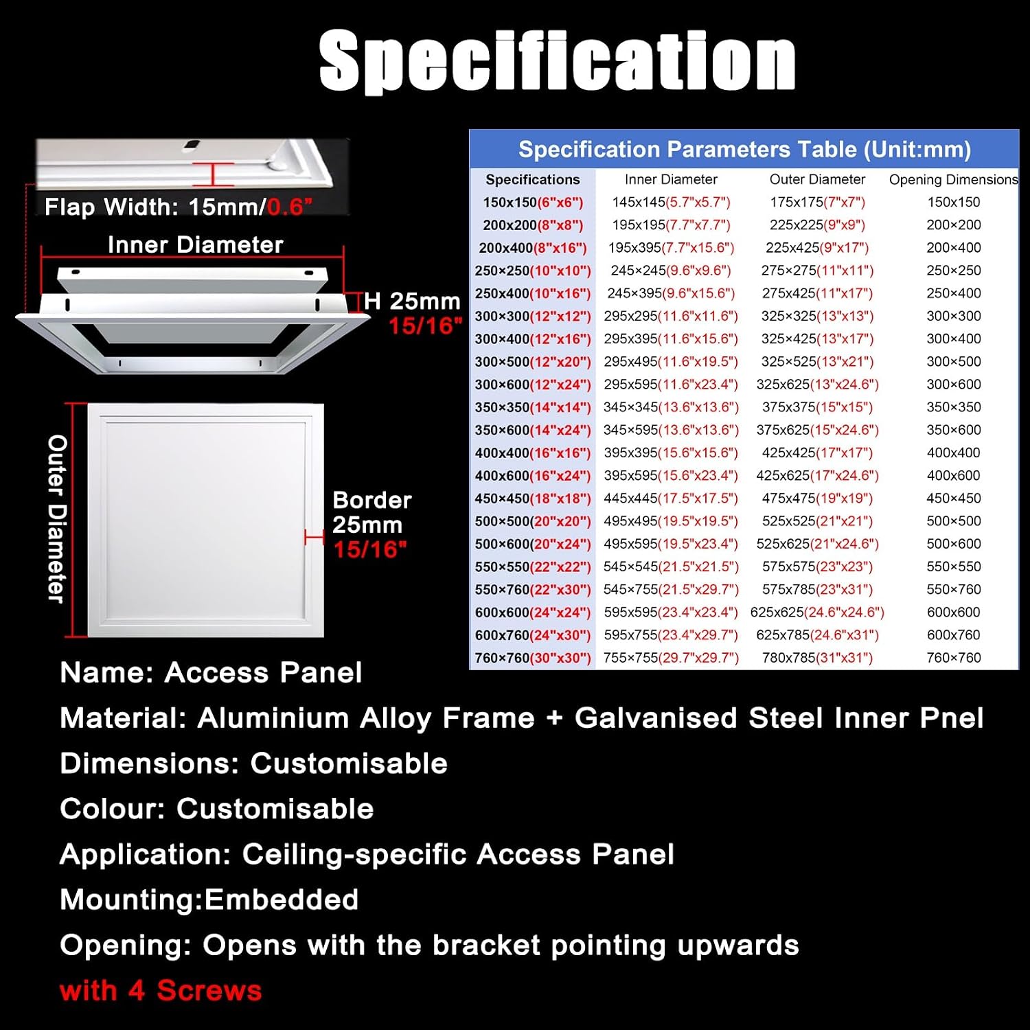 Black White Gray Metal Inspection Door, Classic Ceiling Access Panel with Screws, Customizable, Easy-to-Install Access Door(Black,12x24in/300x600mm)