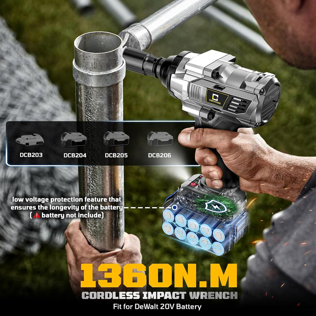 Cordless Impact Wrench Compatible with Dewalt Battery, 900FT-LBS Brushless Electric Impact Gun Includes LED Work Light, 2100RPM High Torque Impact Driver, with 2 * 5AH battery 3A 60W Fast Charger