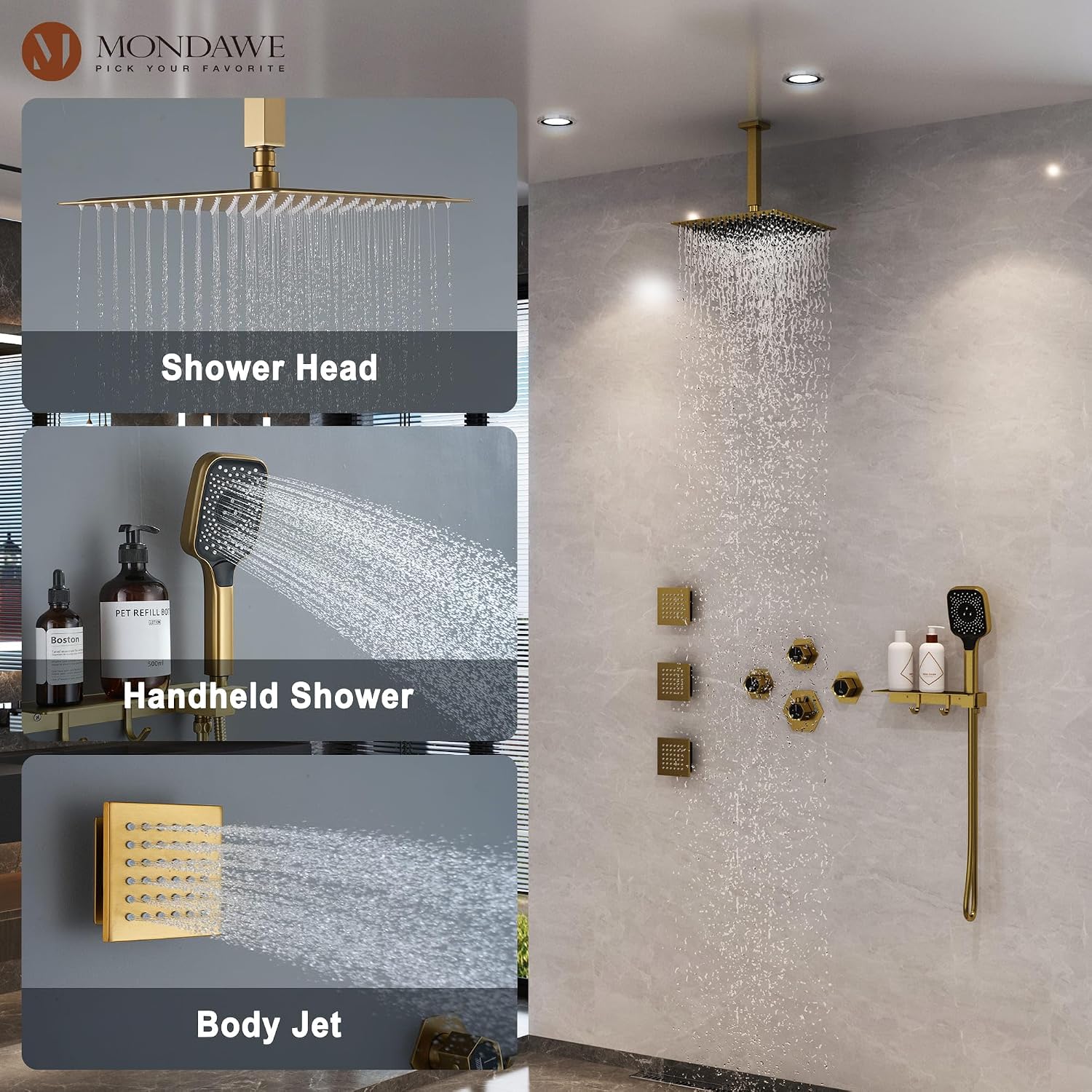 MONDAWE Shower System with Body Jets, 12 Inch Thermostatic Rain Shower System Ceiling Mount, Full Body Spray Shower Jets System with a Shelf, Towel Hooks - Brushed Gold