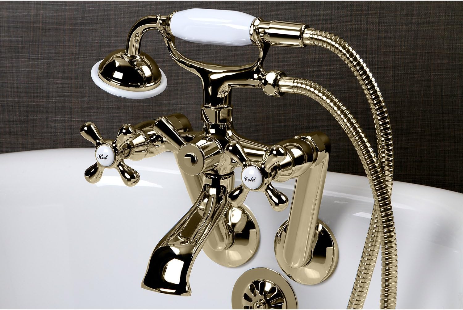 Kingston Brass KS269PB Vintage Wall Mount Clawfoot Tub Filler with Hand Shower, Polished Brass 9.13 x 7.5 x 6