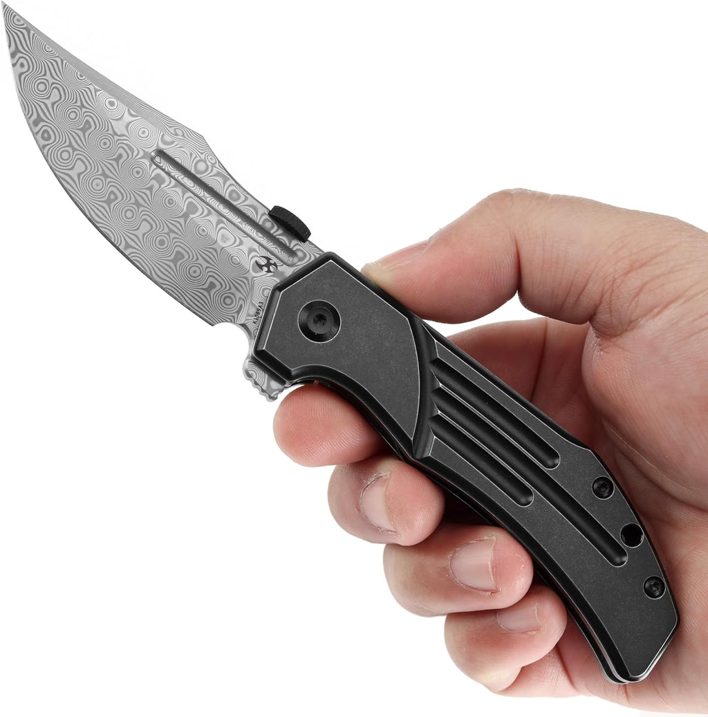 KANSEPT Orion Pocket Knife, 3.07'' Damascus Elegant Blade with Blood Groove, CNC Black Anodized Milling Titanium Handle and Flipper, for Men Women Camping Survival Hunting Folding Knives K1089A3
