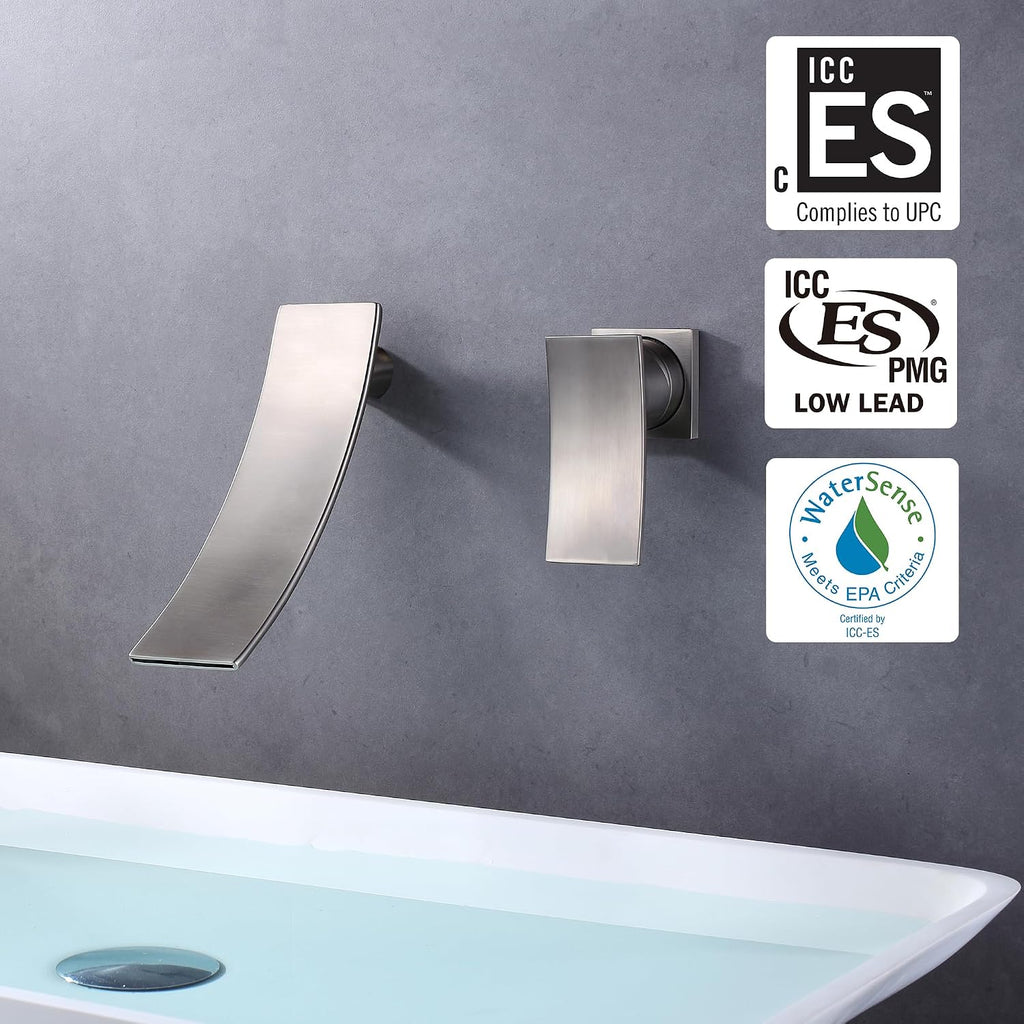 Sumerain Wall Mount Faucet Brushed Nickel,Single Handle Bathroom Sink Faucet with Waterfall Spout