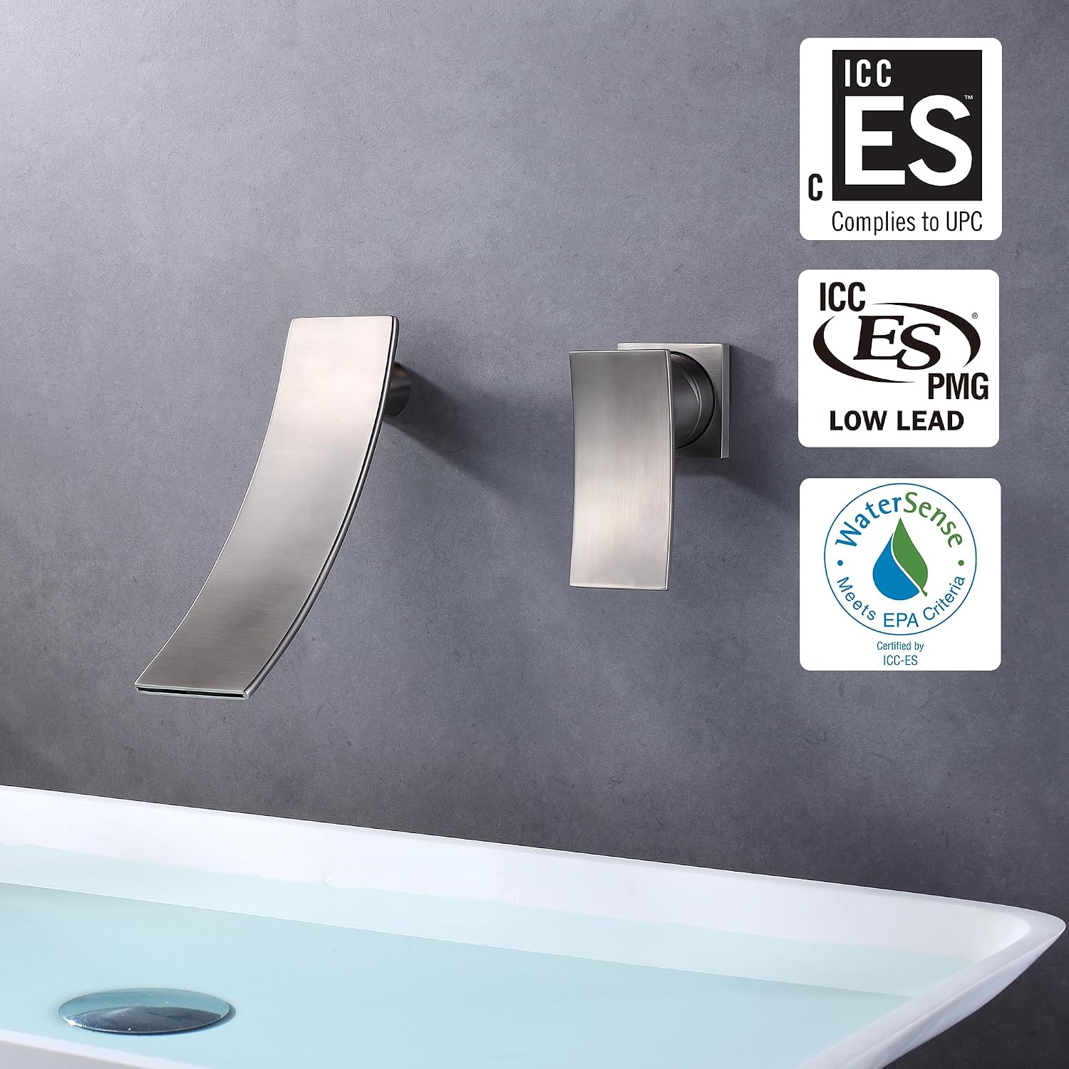 Sumerain Wall Mount Faucet Brushed Nickel,Single Handle Bathroom Sink Faucet with Waterfall Spout