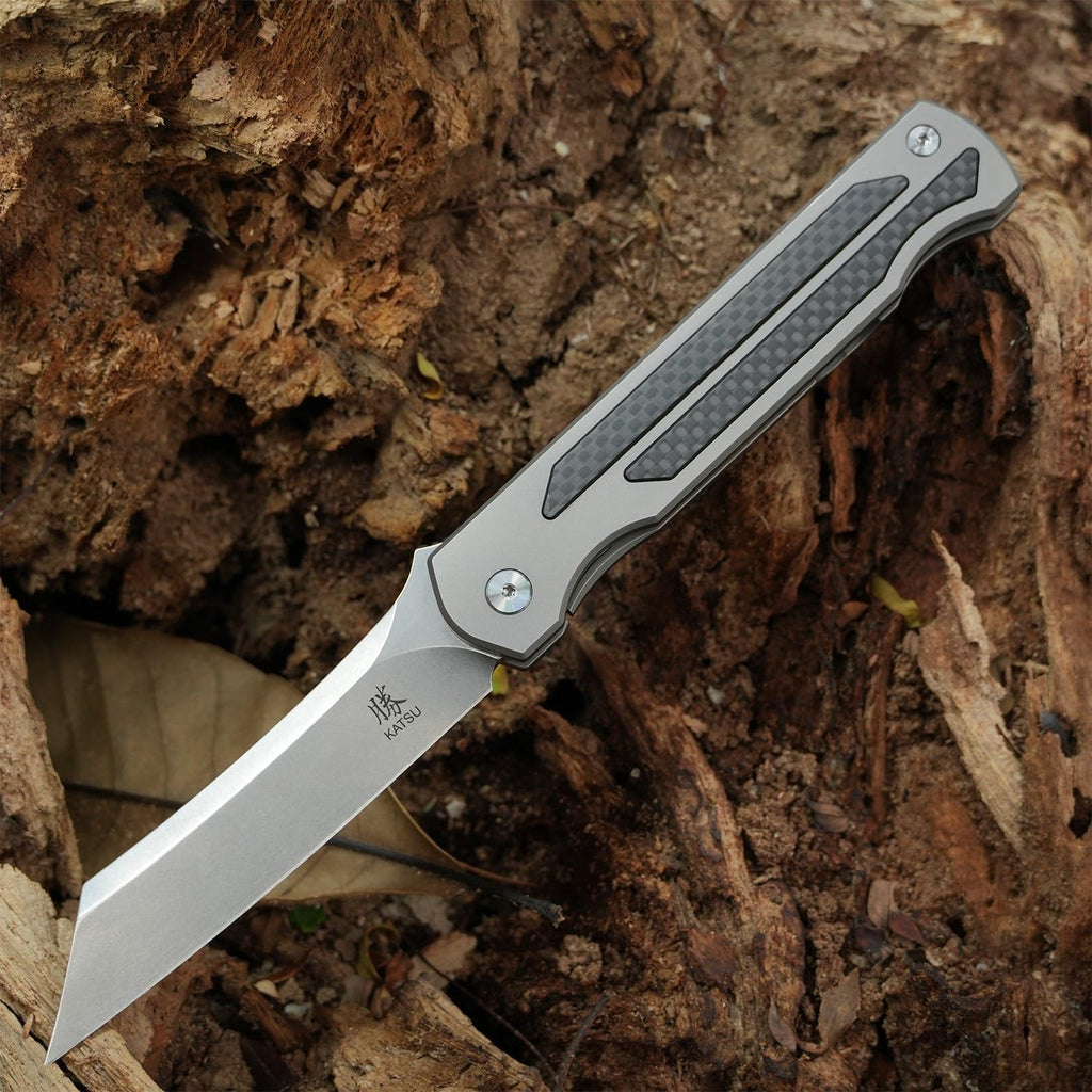 KATSU S35VN Steel Blade Folding Knife,Titanium Pocket Knife for Men Carbon Fiber Handle,Frame Lock Japanese Style Front Flipper EDC Knife with Clip Stonewash Leather Sheath