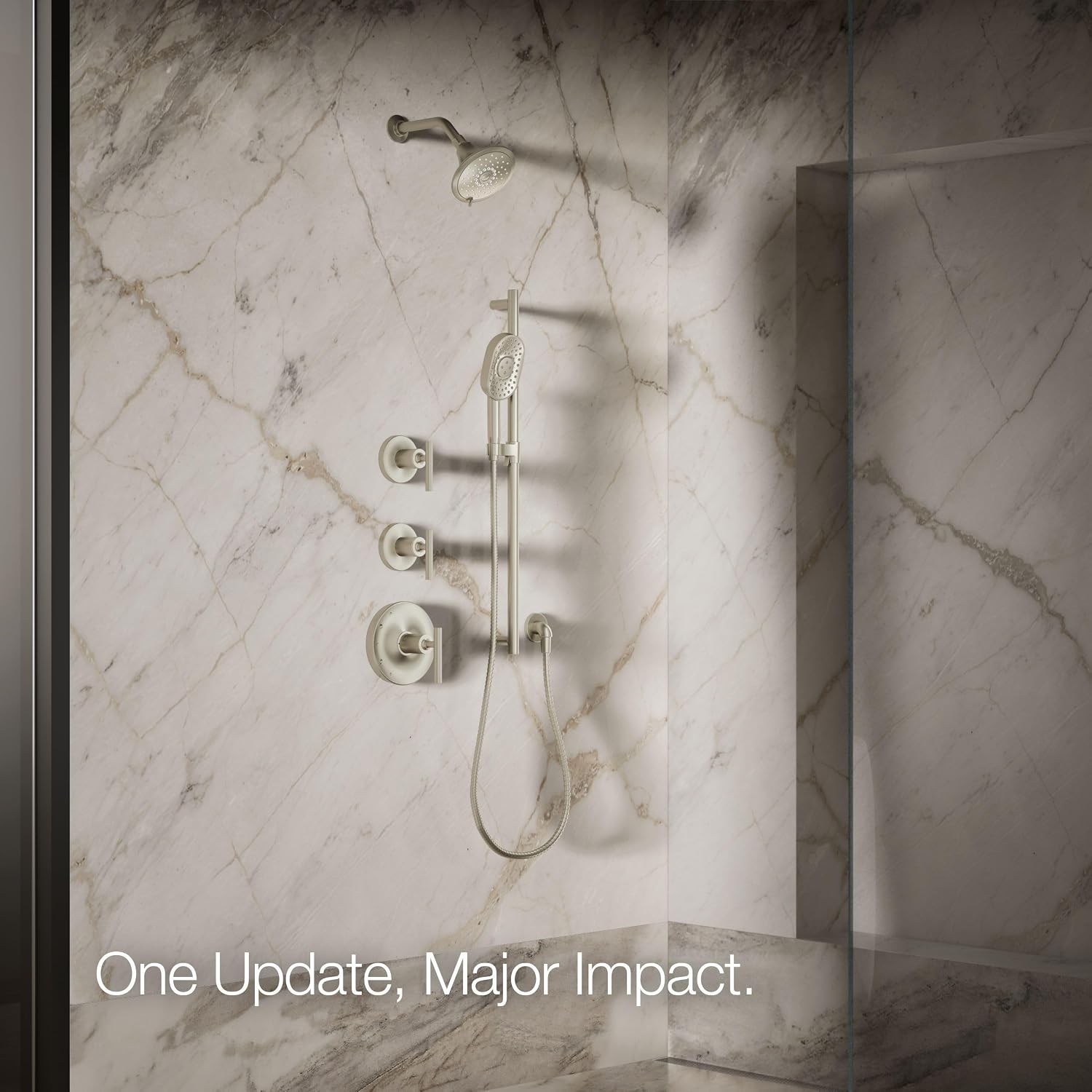 KOHLER 22169-G-BN Forté® Three-function showerhead, 1.75 GPM, Corrosion Resistant, Full Coverage, Pulsating Massage, Silk Spray, Vibrant Brushed Nickel