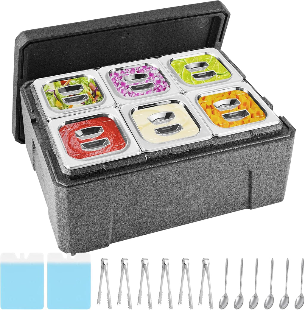 Insulated Cold Food Buffet Ice Serving Trays 6 Lids 6 Pans 2 Ice Packs Insulation Box Cooled Condiment Serving Container Ice Platter Food Cooler for Parties Buffets Fruit Market