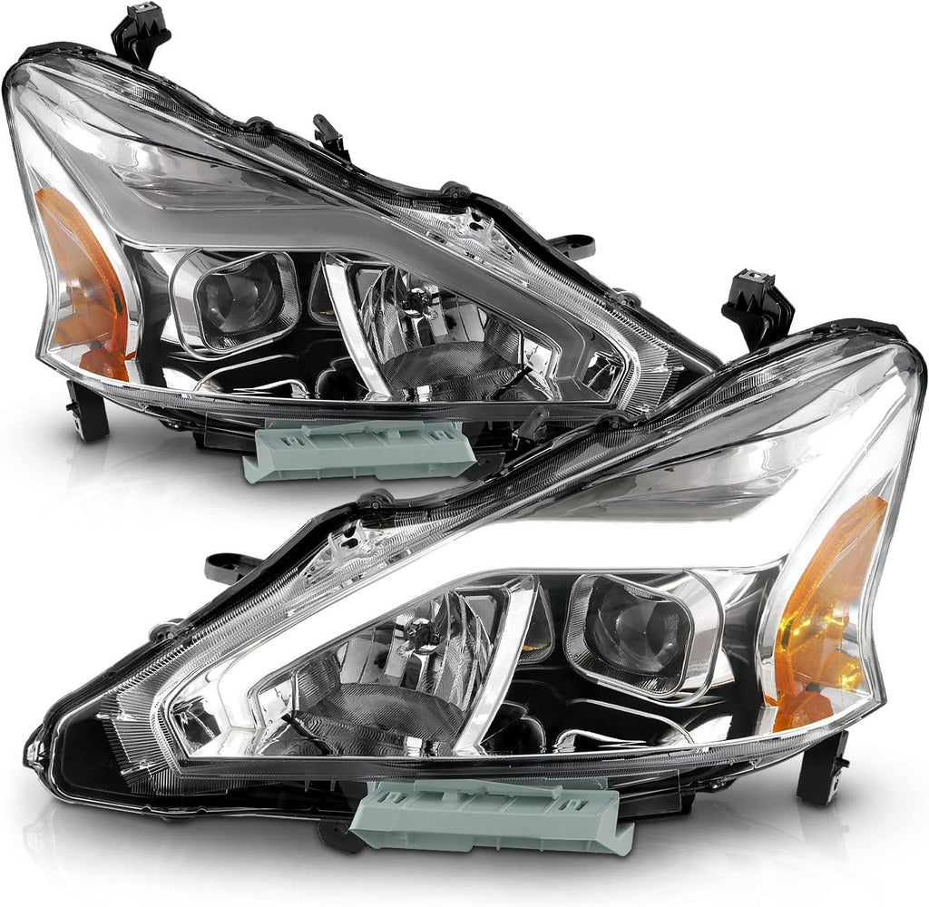 AmeriLite for 2013-2015 Nissan Altima 4 Door Sedan LED Tube Chrome Square Projector Headlights Set - Passenger and Driver Side