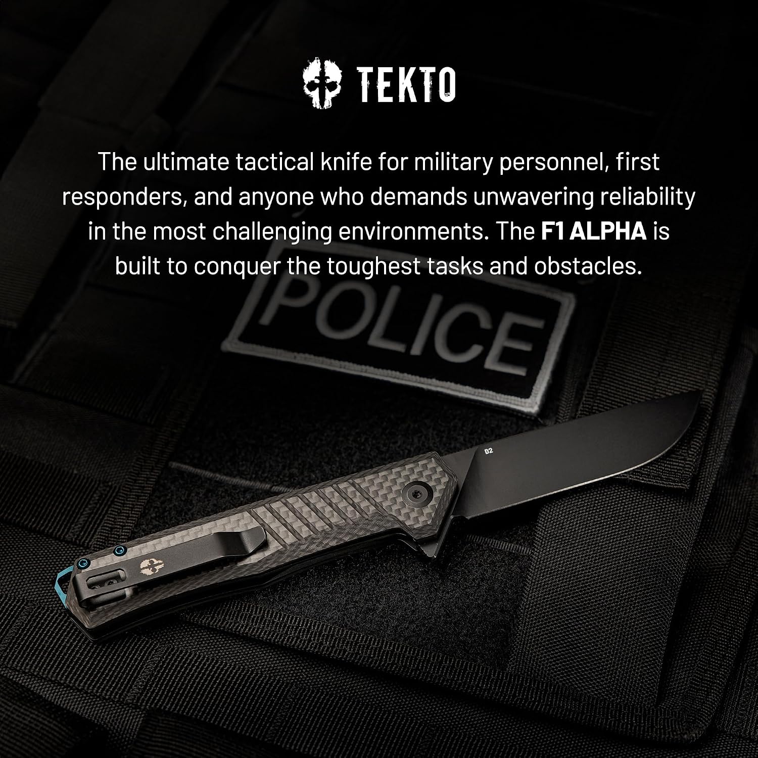 TEKTO F1 Alpha Folding Pocket Knife - Modified Straight Back Blade, Titanium Coated D2 Steel, Tactical Knife, EDC Folding Pocket Knives for Camping, Hunting & Backpacking - Carbon Fiber, Blue Accents
