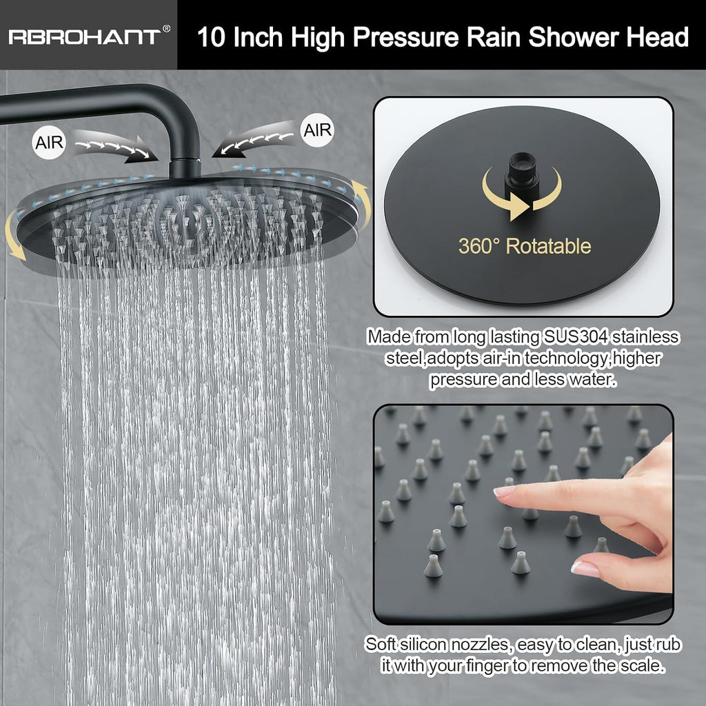 RBROHANT Exposed Shower System with Tub Spout, Matte Black Exposed Pipe Shower Faucet with 3 Functions Brass Shower Valve, Shower Height Adjustable, Wall Mounted