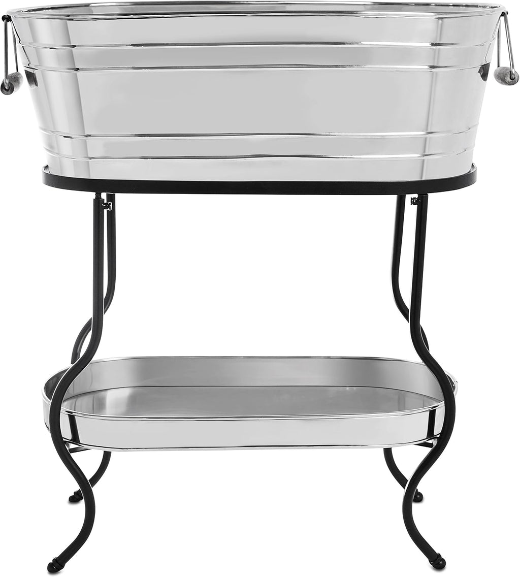 BirdRock Home Stainless Steel Beverage Tub with Stand - Oval - Bottom Tray - Party Drink Holder - Wooden Handles - Outdoor or Indoor Use - Free Standing